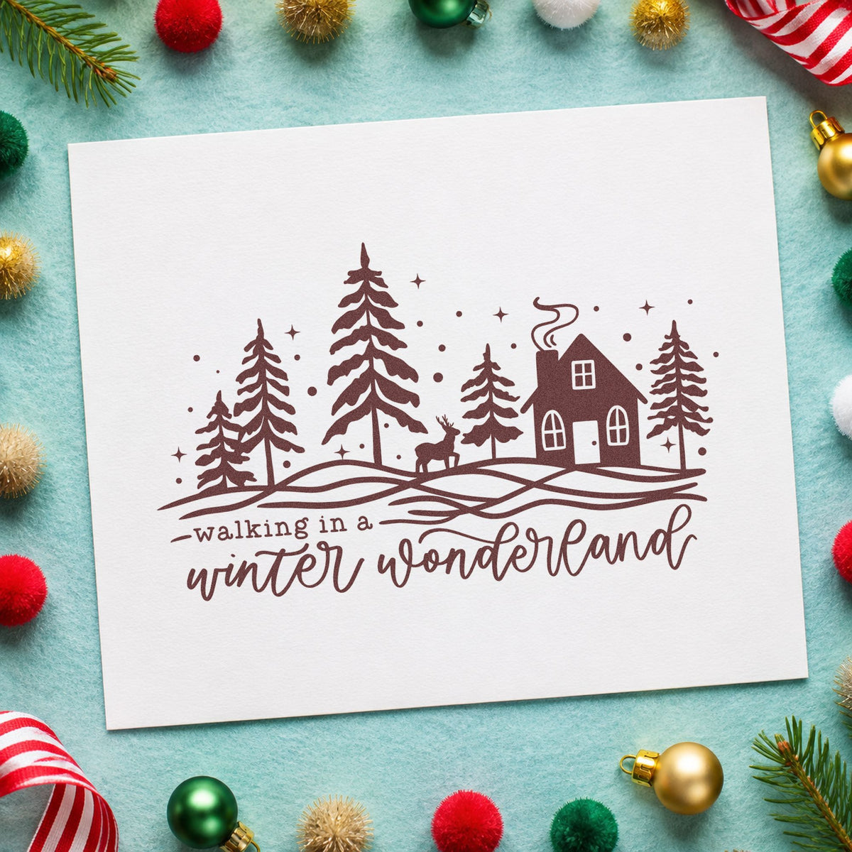 Walking Winter Wonderland Cottage rubber stamp printed in brown ink, ready for moving checklist page and similar paper crafts.