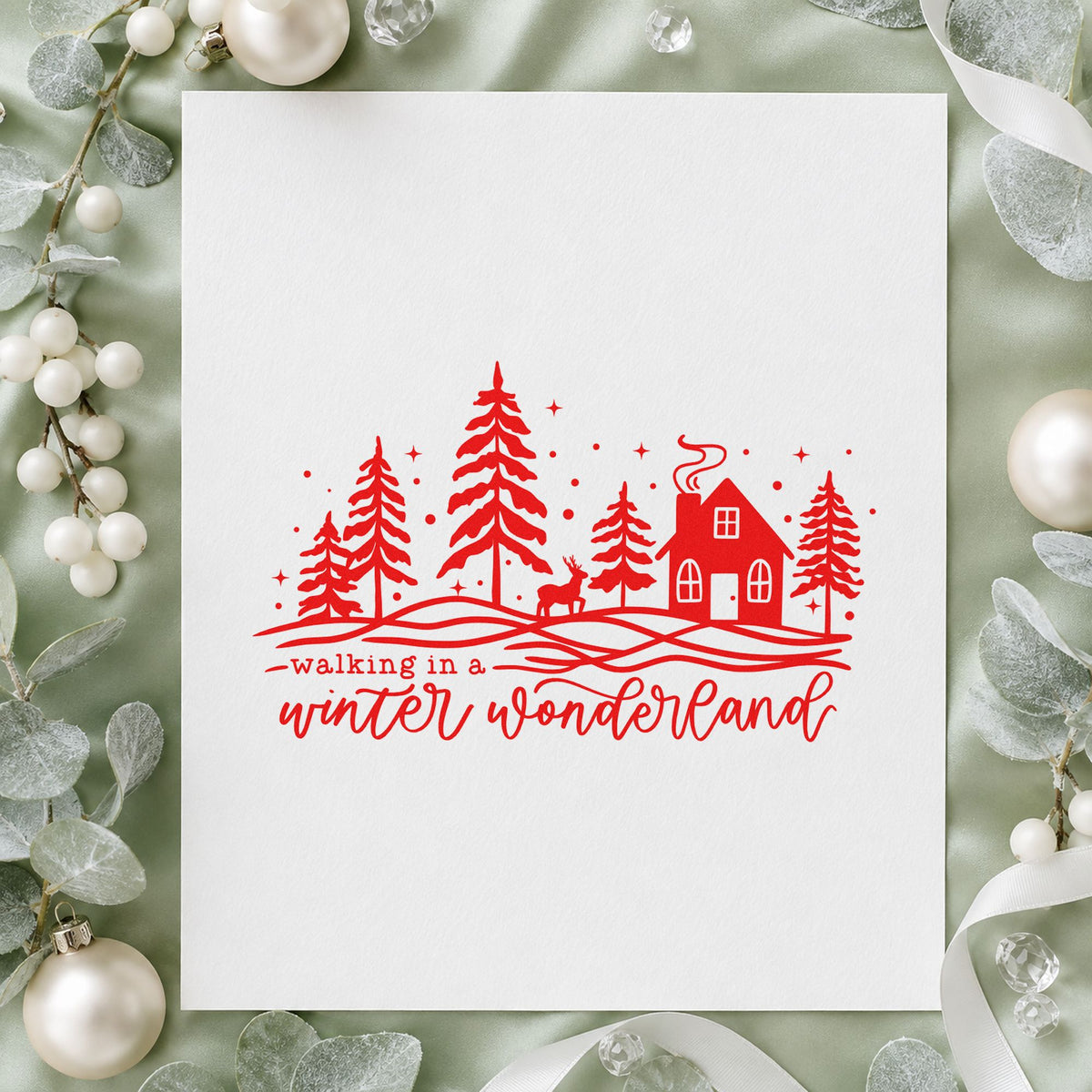 Walking Winter Wonderland Cottage rubber stamp shown in red ink, stamped for projects such as closing folder labels.