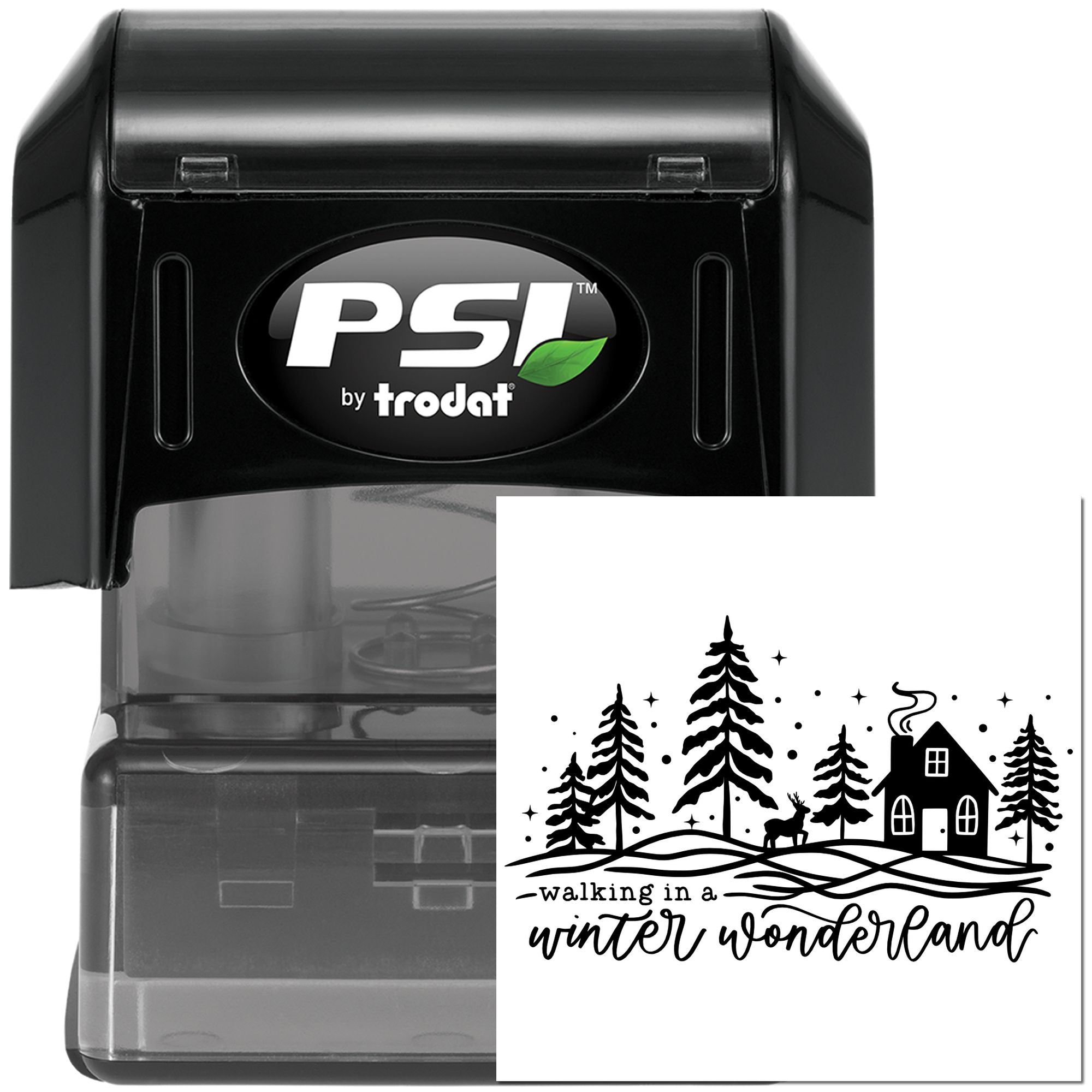 Self-inking rubber stamp by PSI Trodat with Walking in a Winter Wonderland holiday forest design.