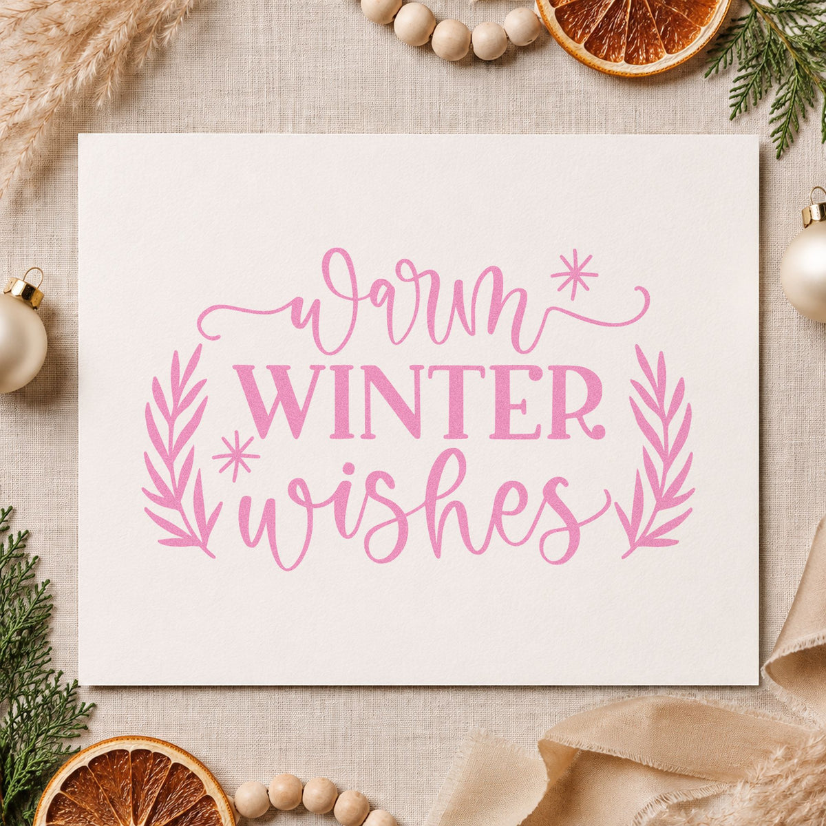 Warm Winter Wishes craft stamp in purple ink on cardstock, an easy option for sent mail album page.