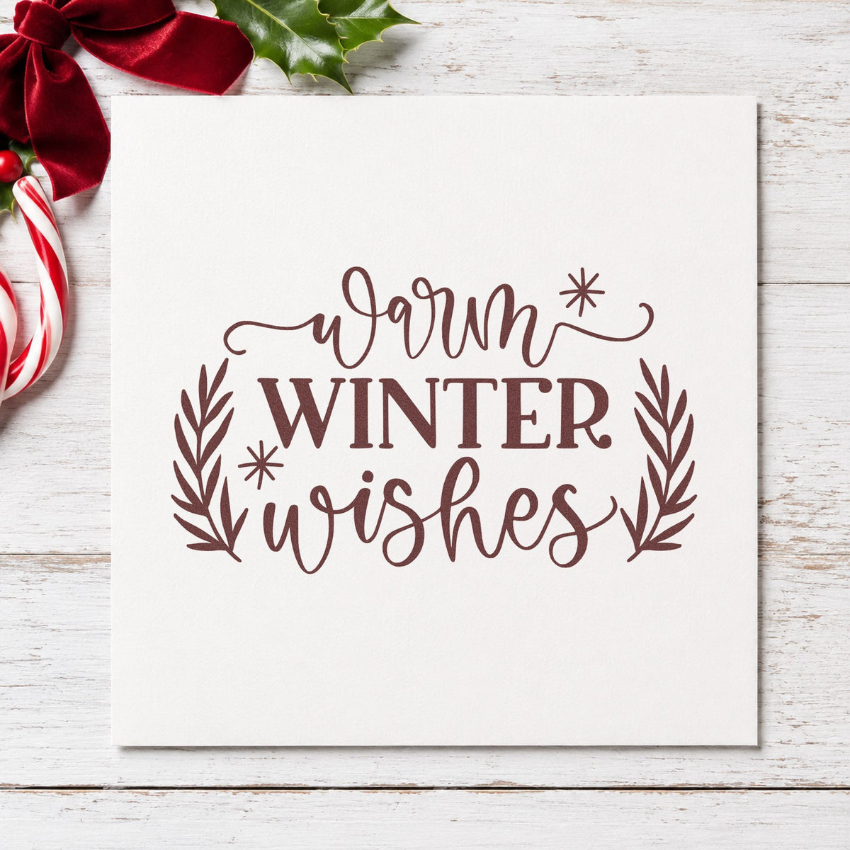 Warm Winter Wishes rubber stamp printed in brown ink, ready for contact list sheet and similar paper crafts.