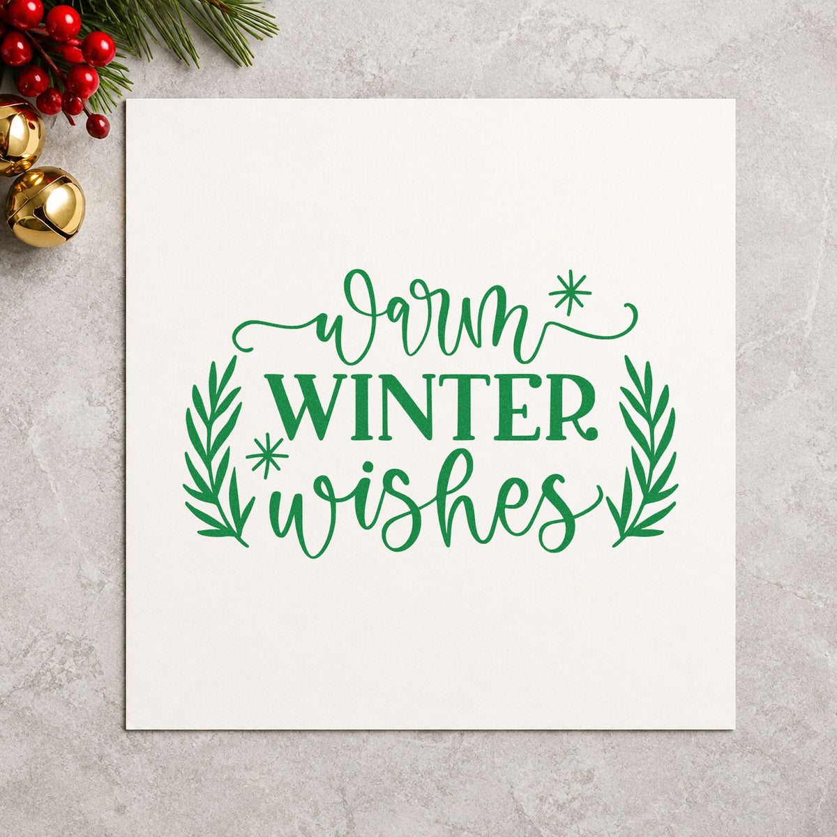 Warm Winter Wishes craft stamp imprinted in green ink on paper, a design suited to framed front hall.