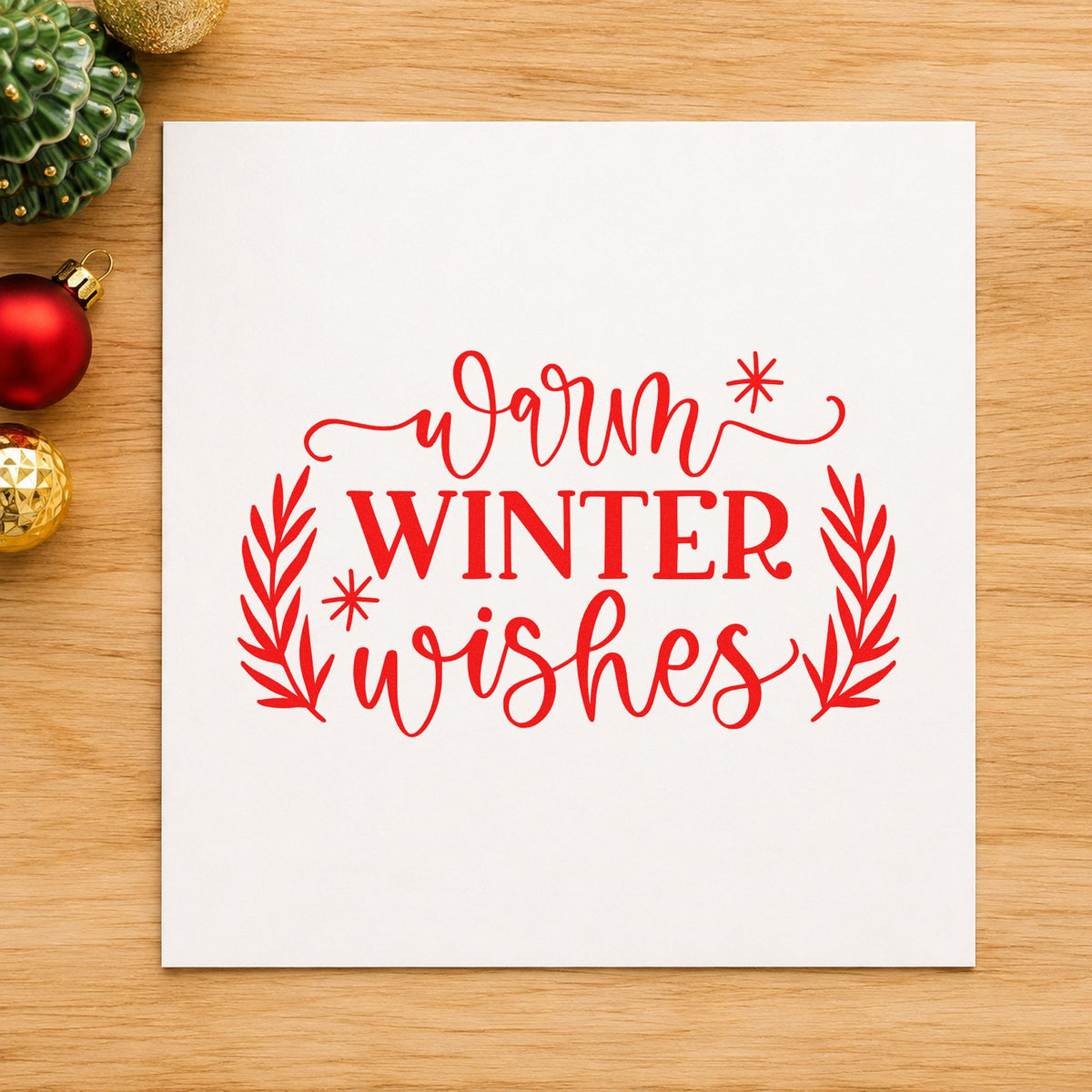 Warm Winter Wishes rubber stamp shown in red ink, stamped for projects such as soup tub labels.