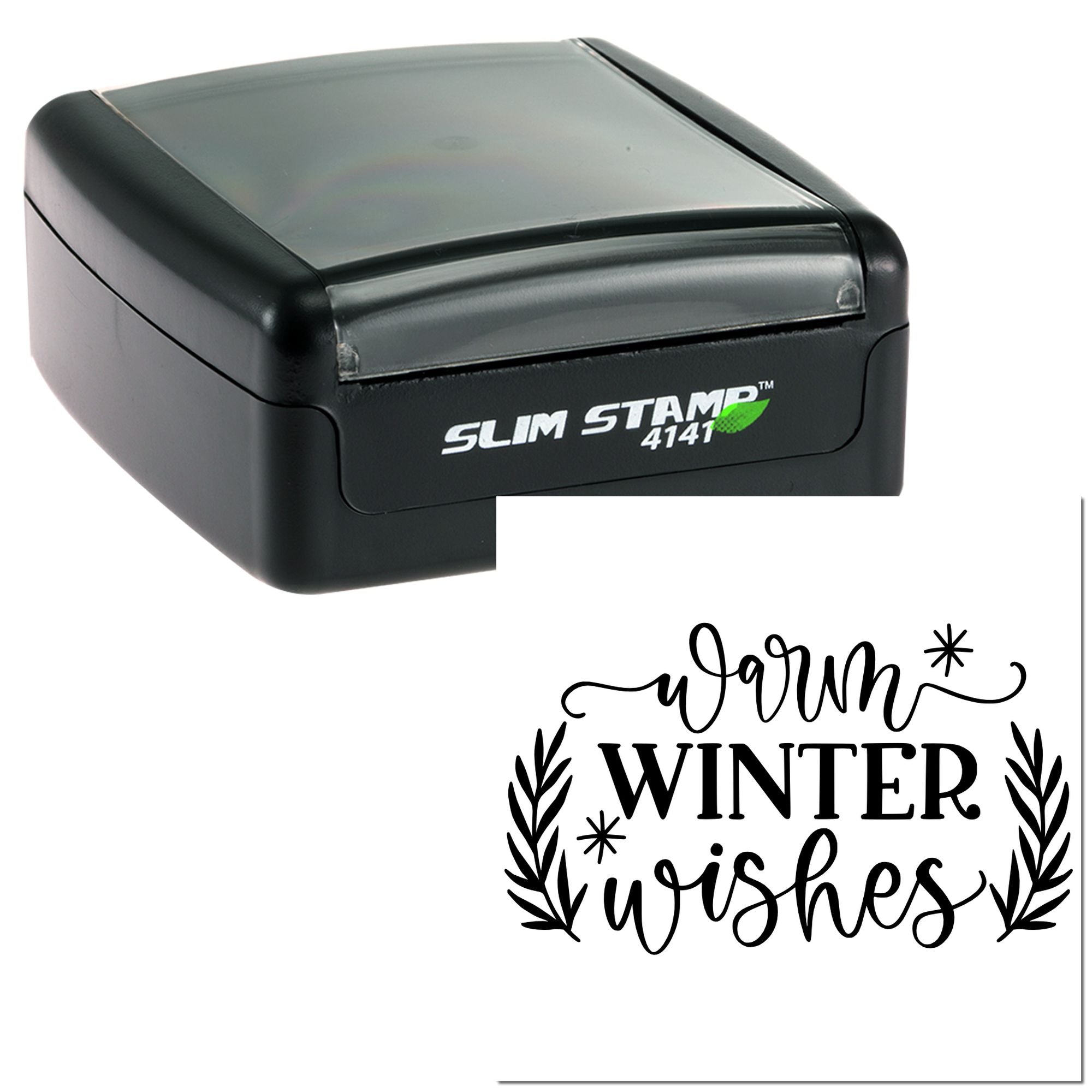 Slim self-inking rubber stamp with Warm Winter Wishes holiday design