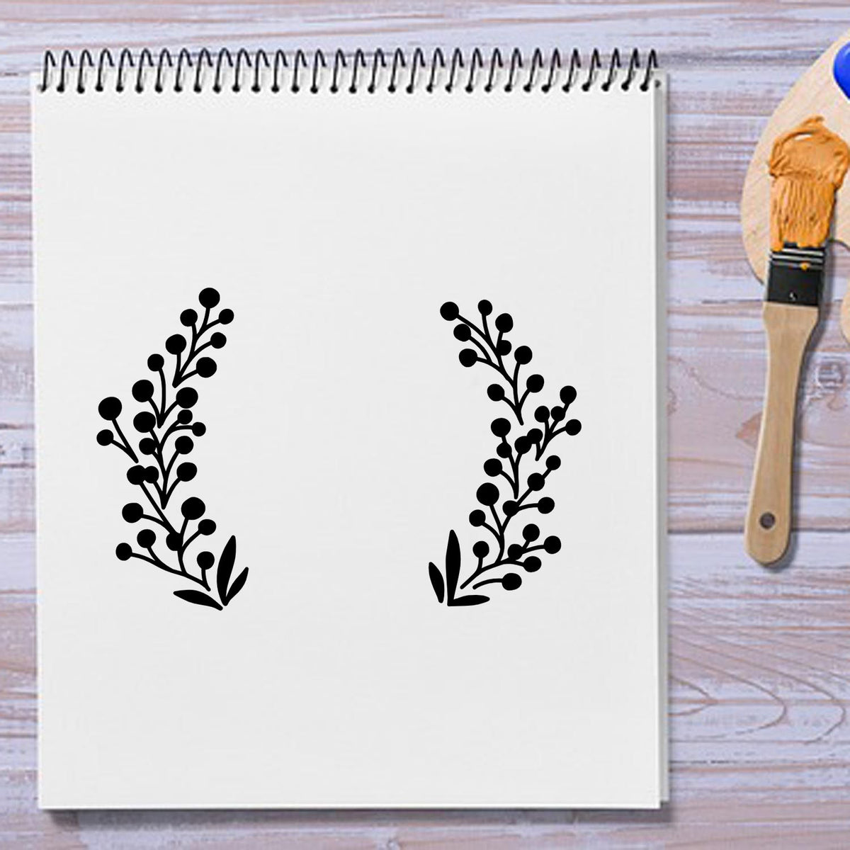 Premium Wooden Open Berry Branch Wreath Stamp - Vintage Pro imprint stamped in black ink. Two curved berry-bearing branches form an open wreath with an empty center.