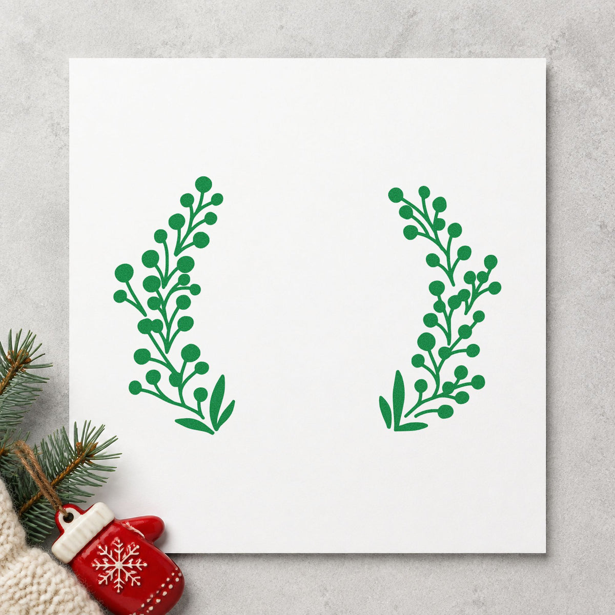 Open Berry Branch Wreath craft stamp imprint in green ink on a handmade project, one idea being booth banner signs.