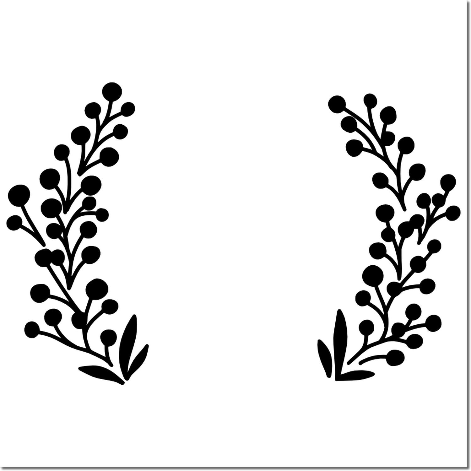Decorative botanical corner wreath rubber stamp with mirrored leafy branches and open center for custom text or monogram.