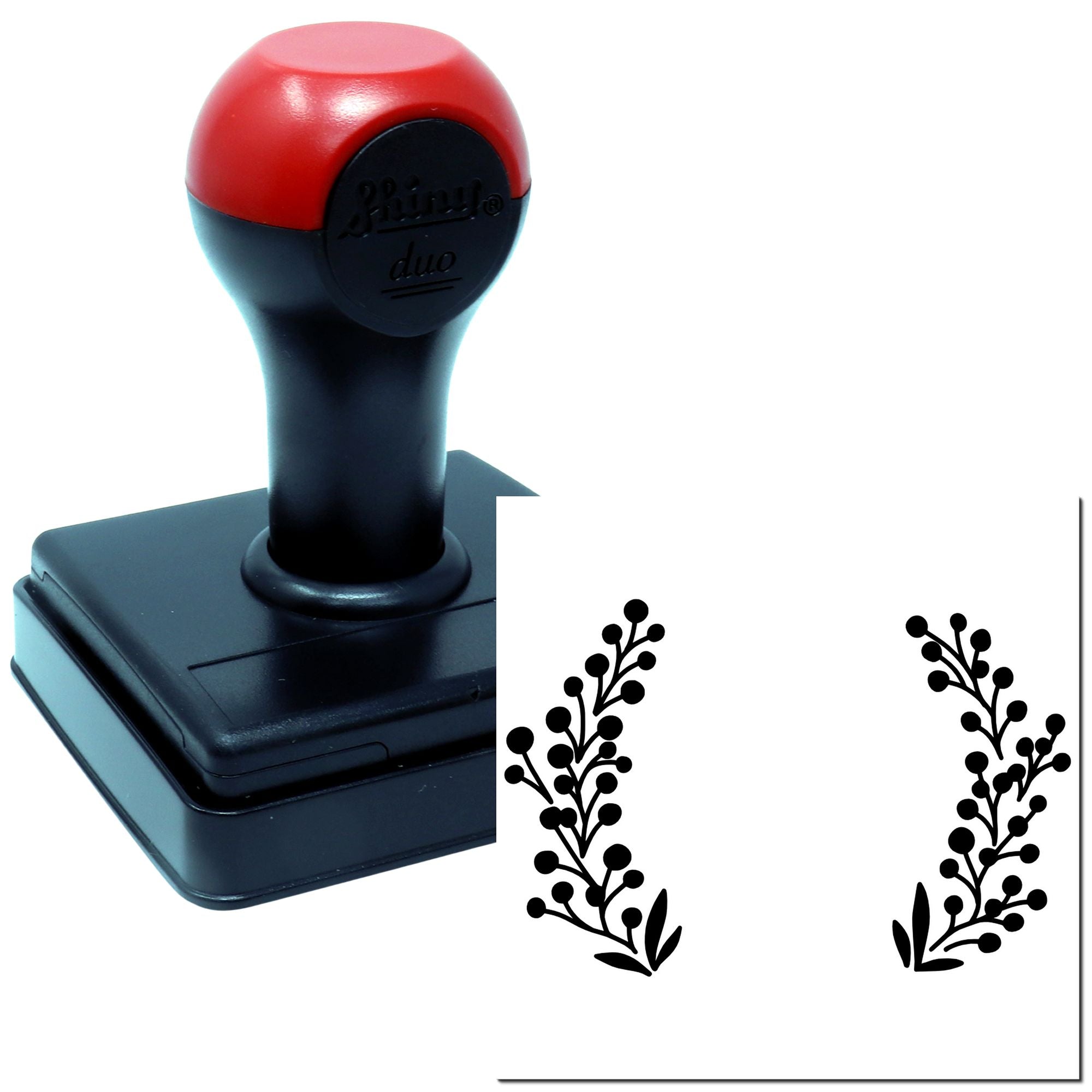 Self-inking rubber stamp with floral branch border, shown with stamped impression for custom stationery and craft projects.