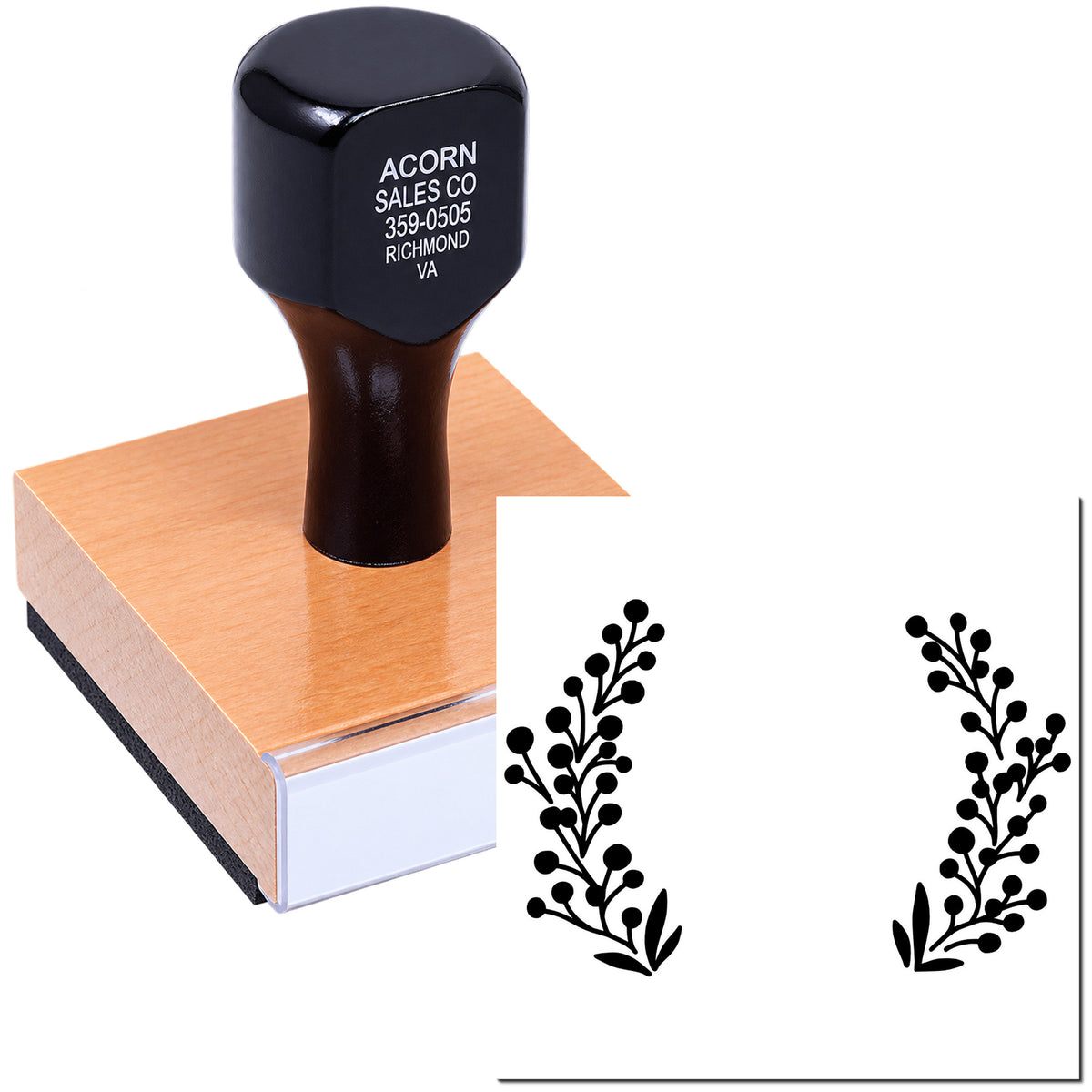 Custom rubber stamp with botanical wreath imprint for wedding invitations, packaging, and handmade branding.