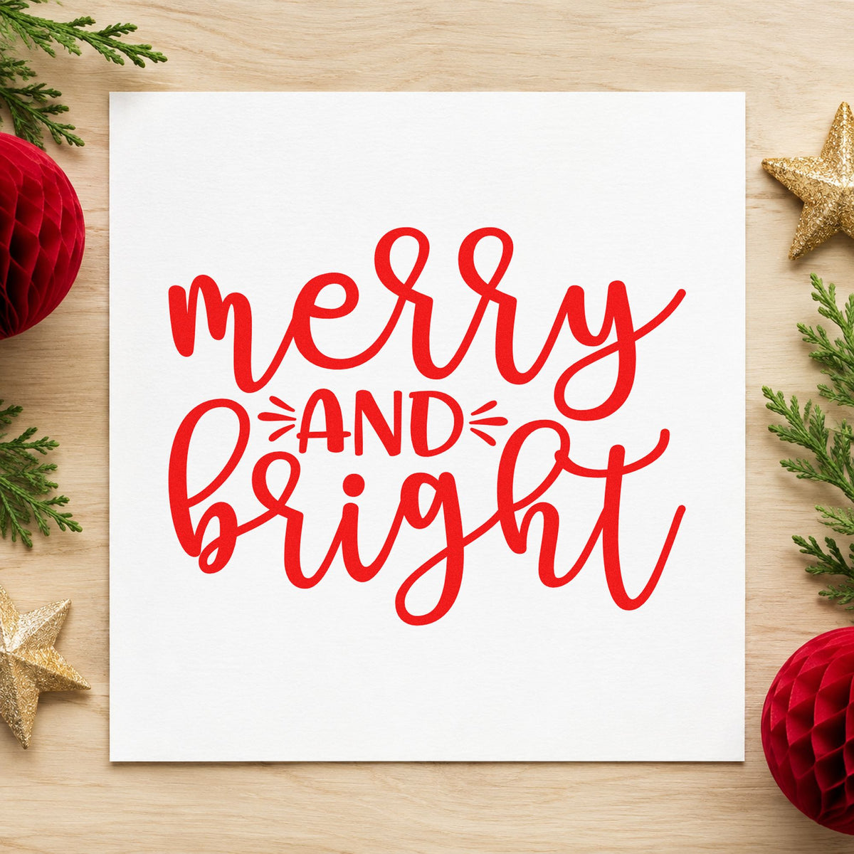 Merry And Bright Script rubber stamp shown in red ink, stamped for projects such as tissue pack labels.