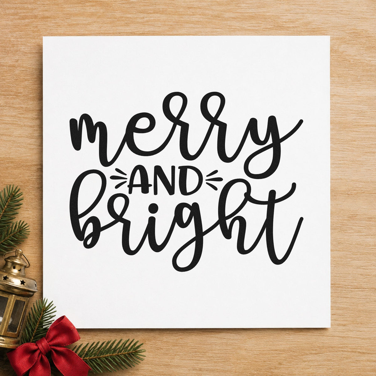 Merry And Bright Script rubber stamp printed in black ink, ready for thick script cards and similar paper crafts.