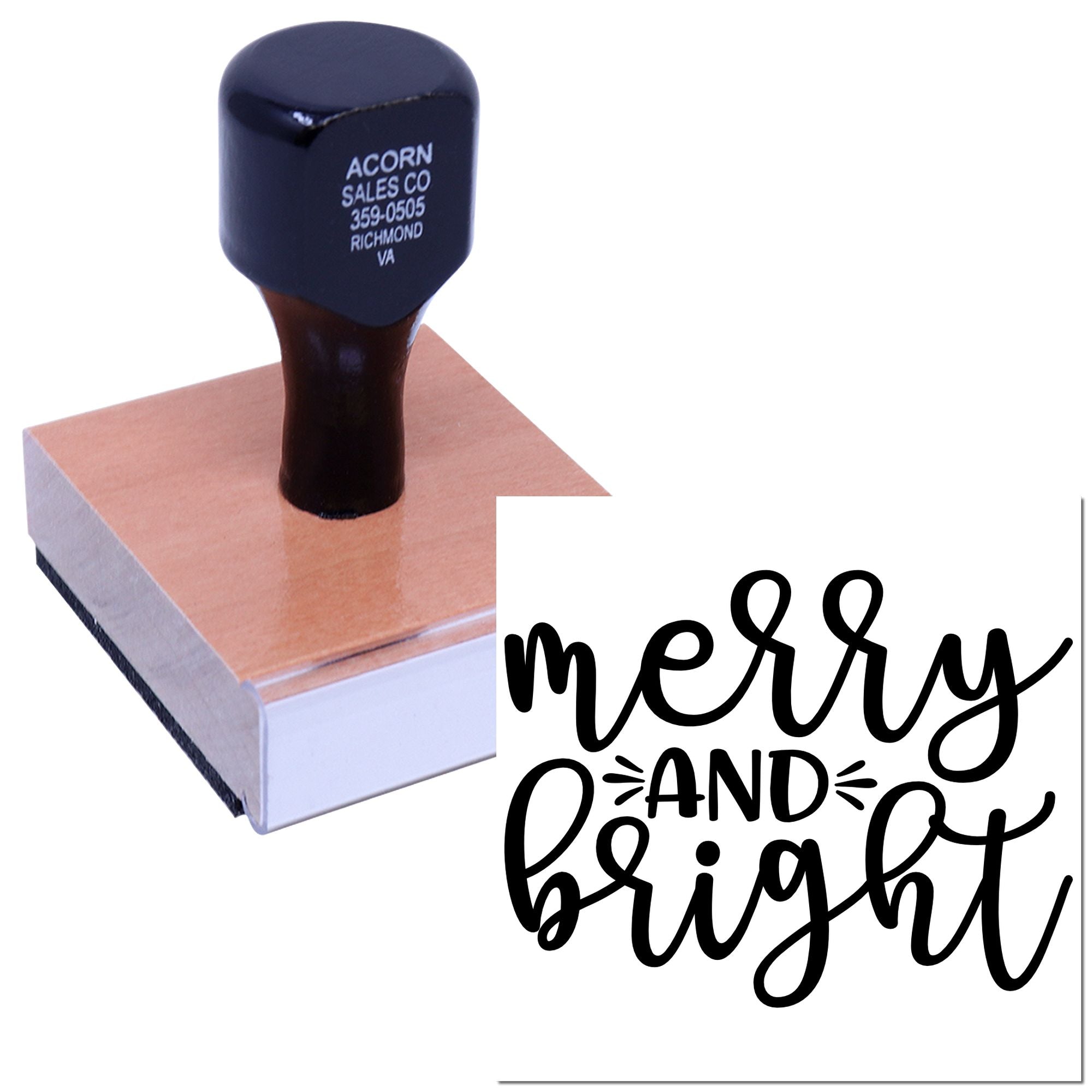 Custom holiday rubber stamp with Merry and Bright design for cards, gift tags, and festive crafts.
