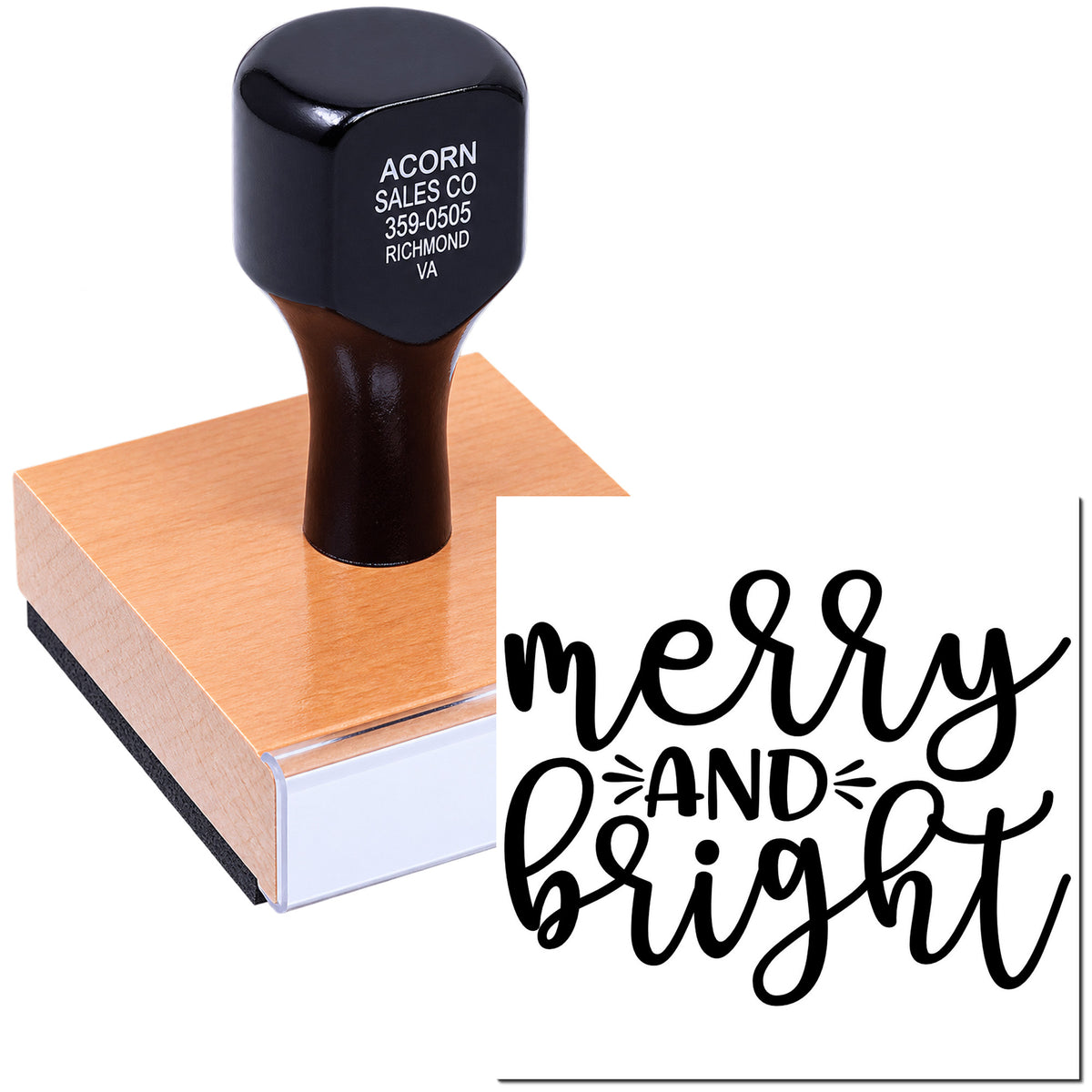Custom holiday rubber stamp with Merry and Bright design for cards, gift tags, and festive crafts.