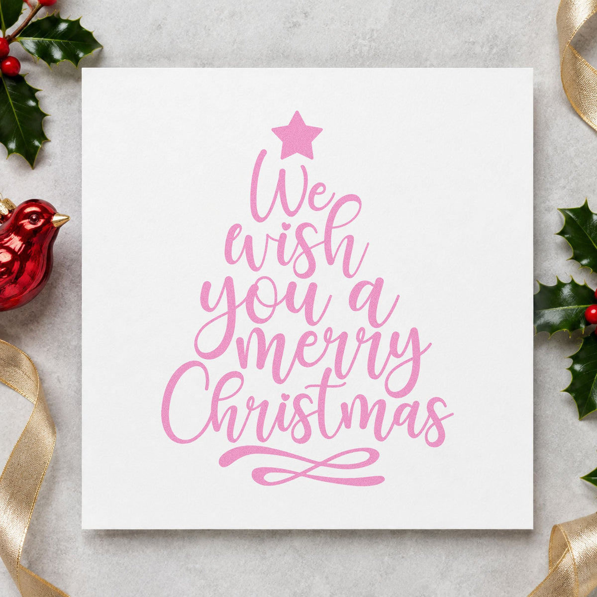 We Wish Merry Christmas Tree craft stamp in purple ink on cardstock, an easy option for caroling album page.