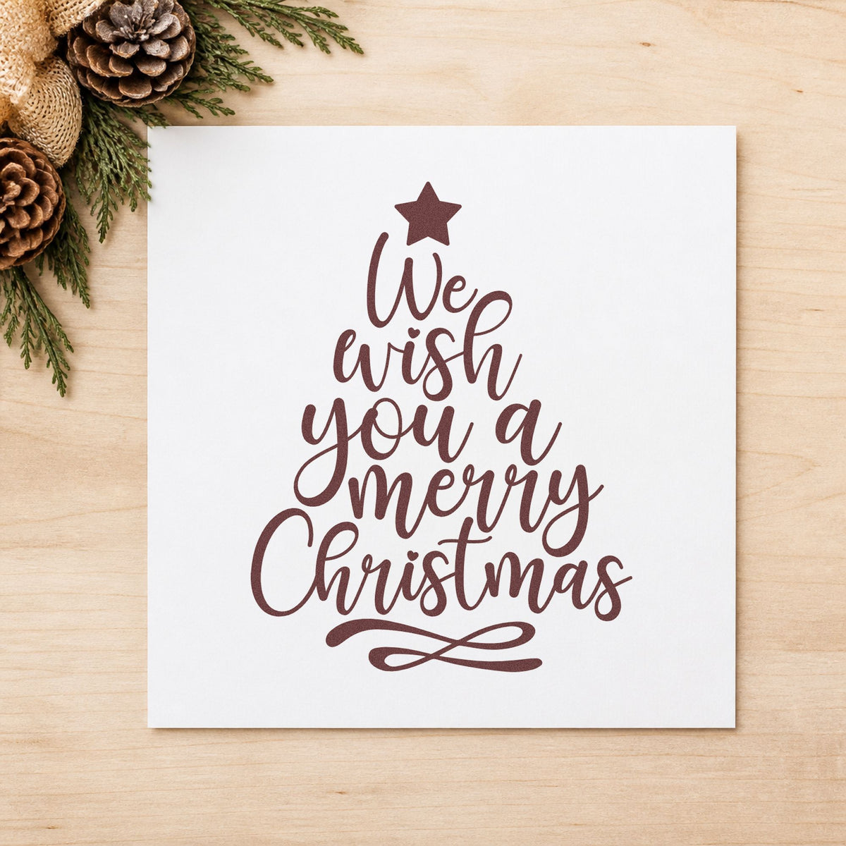 We Wish Merry Christmas Tree rubber stamp printed in brown ink, ready for route map sheet and similar paper crafts.