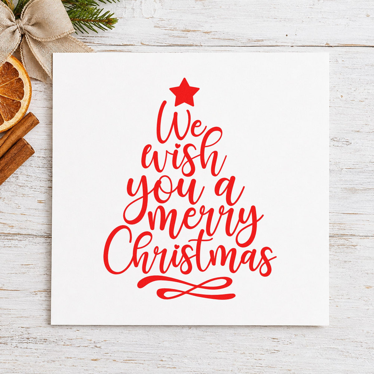 We Wish Merry Christmas Tree craft stamp in red ink on cardstock, an easy option for lantern bag printing.