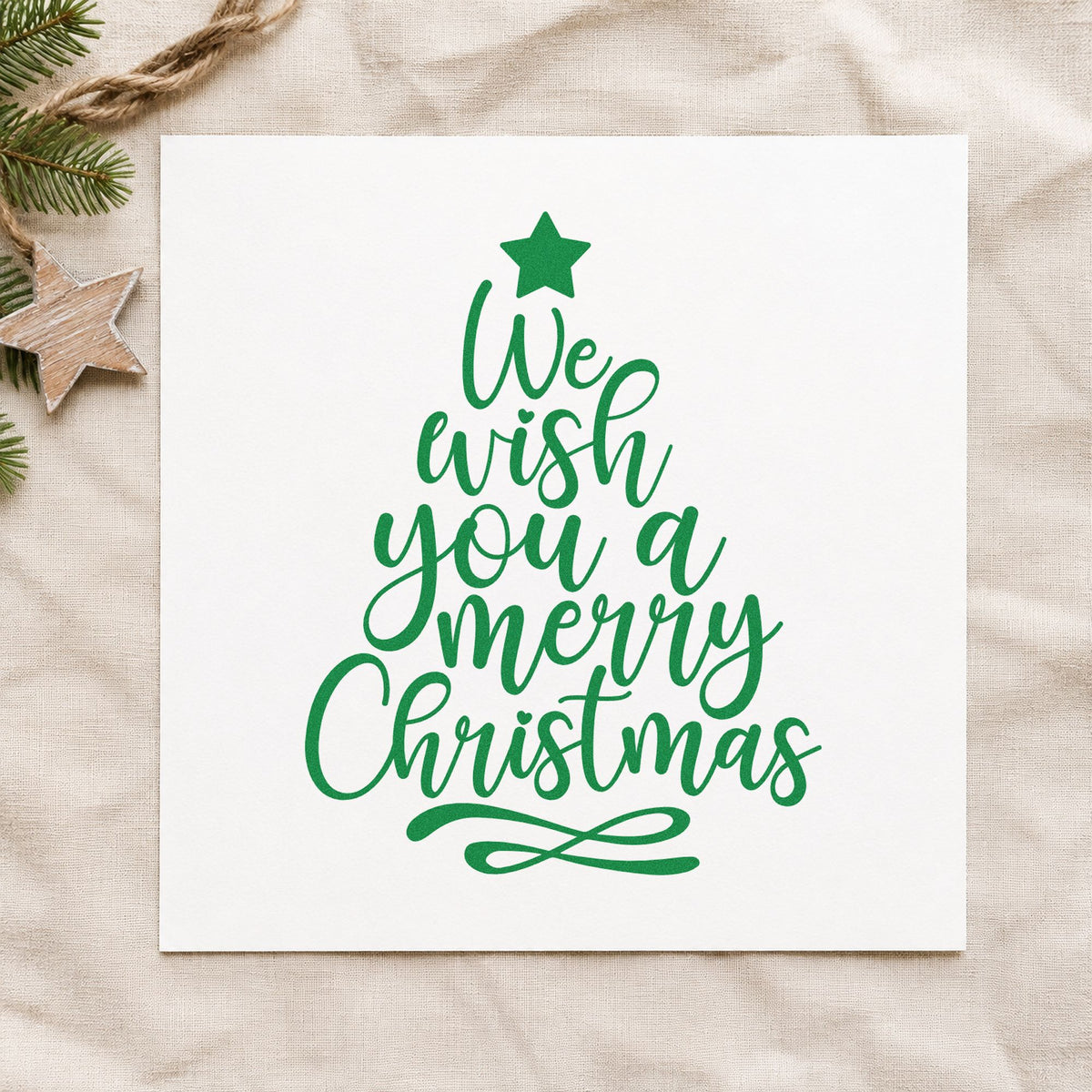 We Wish Merry Christmas Tree craft stamp imprinted in green ink on paper, a design suited to framed parlor wall.