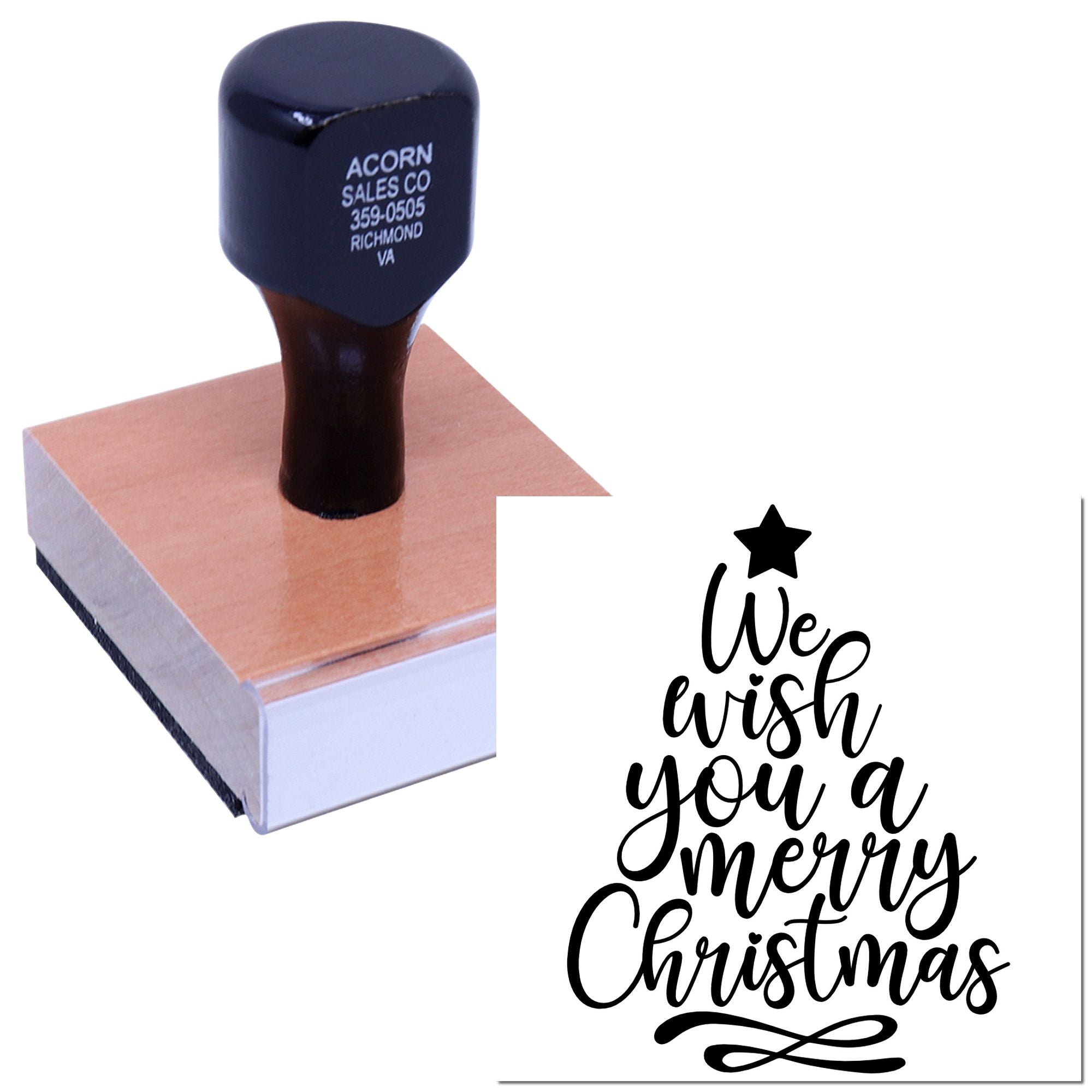 Christmas rubber stamp with We Wish You a Merry Christmas design for holiday cards, crafts, and gift wrapping.