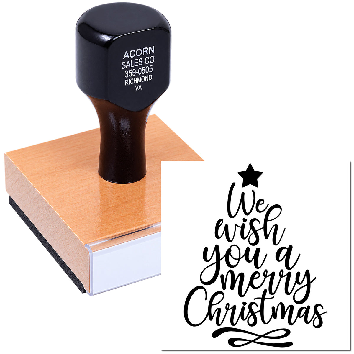 Christmas rubber stamp with We Wish You a Merry Christmas design for holiday cards, crafts, and gift wrapping.