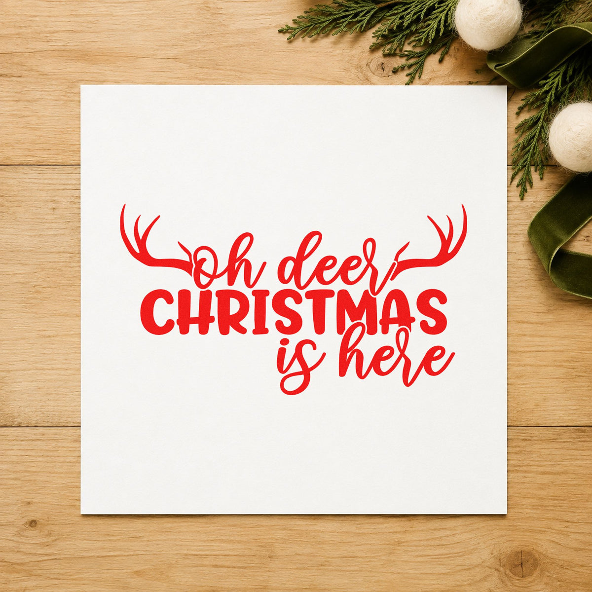 Oh Deer Christmas Is Here craft stamp in red ink on cardstock, an easy option for tote panel ink print.
