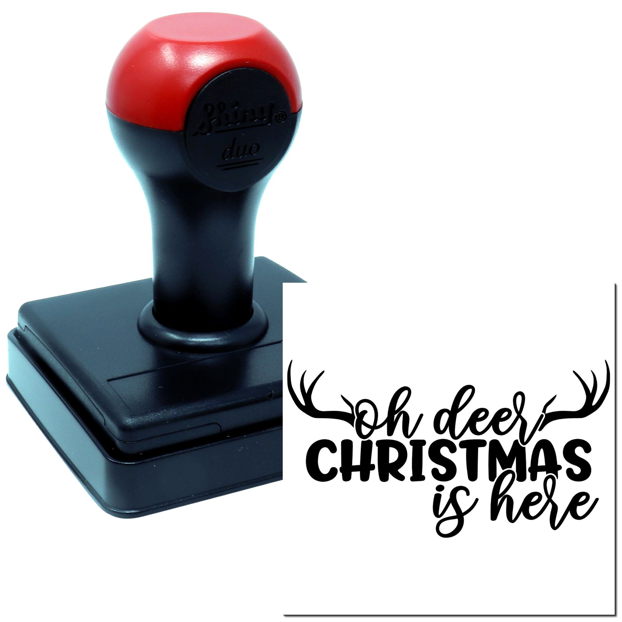 Self-inking rubber stamp with Oh Deer Christmas Is Here design for holiday cards, crafts, and festive gift packaging.