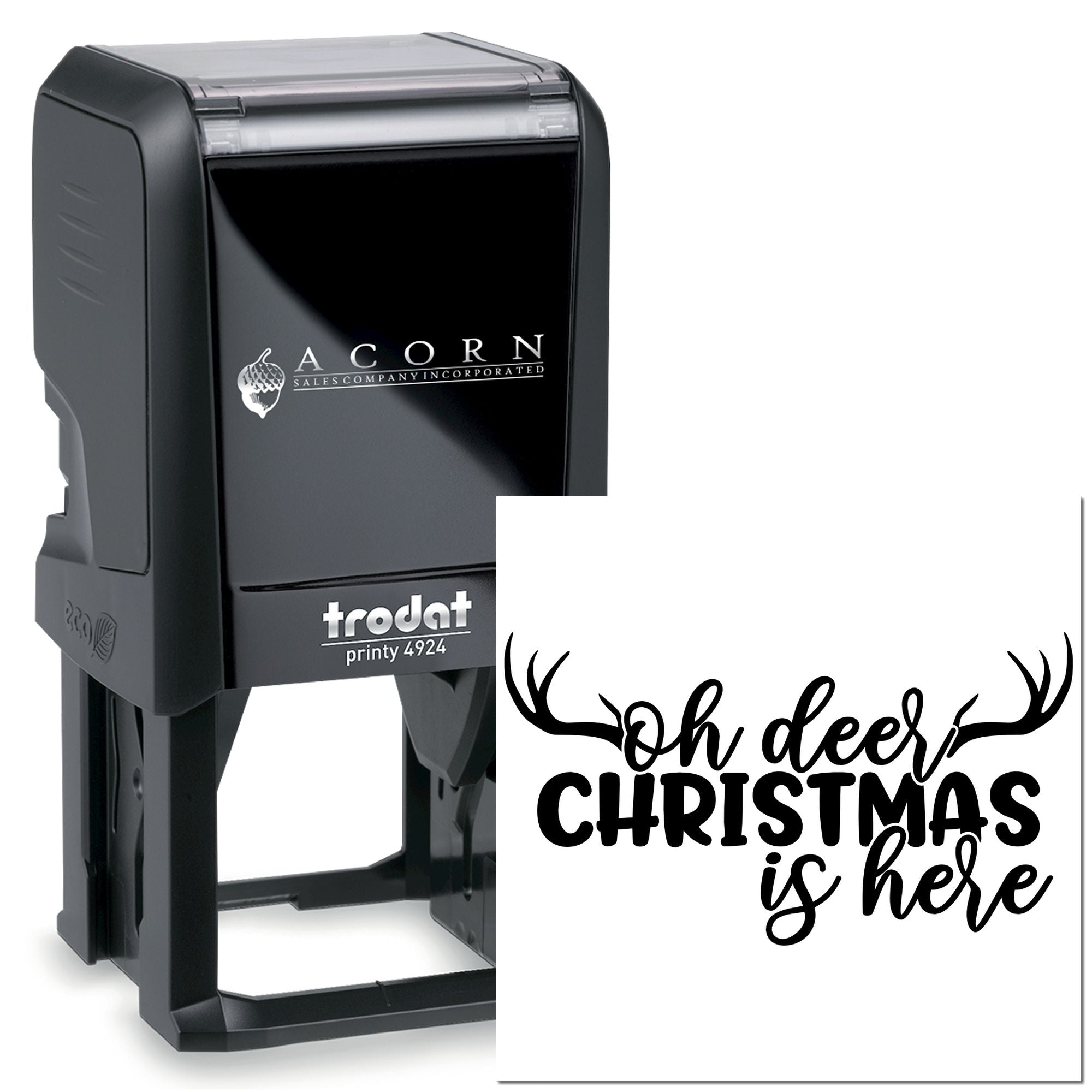 Custom Trodat self-inking rubber stamp with Oh deer Christmas is here design for festive holiday cards and packaging.