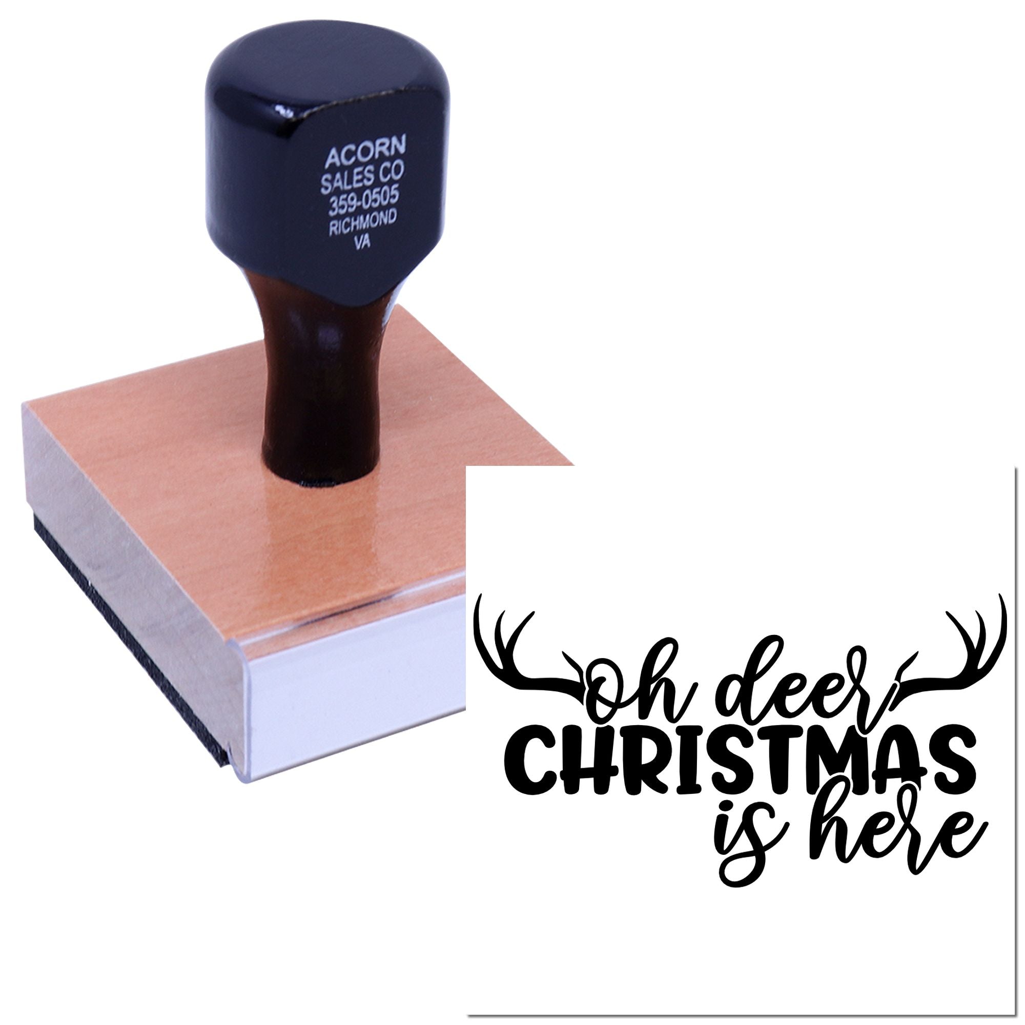 Wood handle Christmas rubber stamp with Oh Deer Christmas Is Here design for holiday cards and festive crafts.