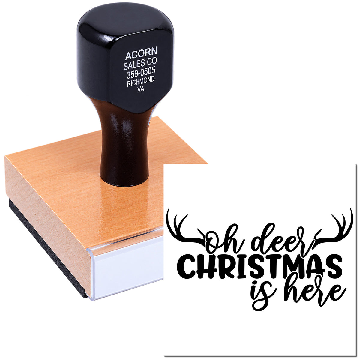Wood handle Christmas rubber stamp with Oh Deer Christmas Is Here design for holiday cards and festive crafts.