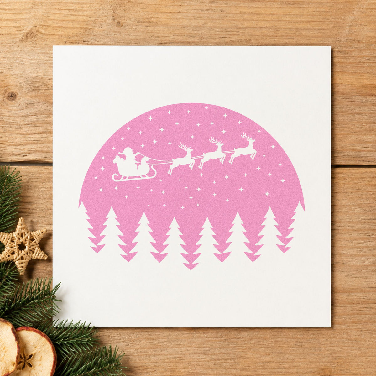Santa Sleigh Snowy Forest Circle craft stamp in purple ink on cardstock, an easy option for dark page album.