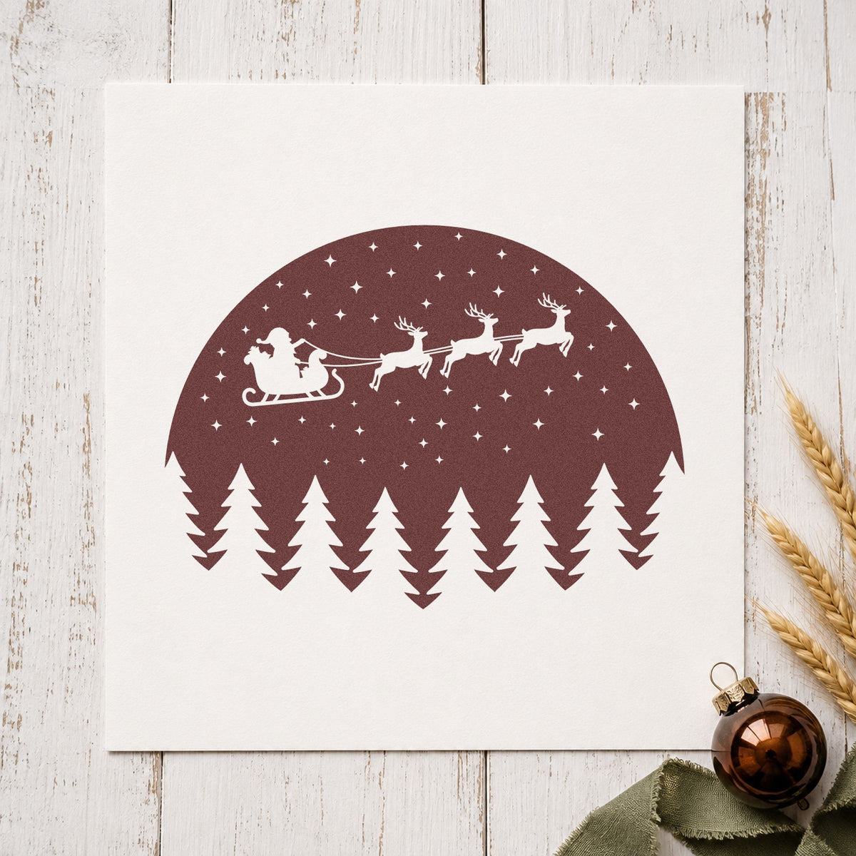 Santa Sleigh Snowy Forest Circle rubber stamp printed in brown ink, ready for evening log pages and similar paper crafts.