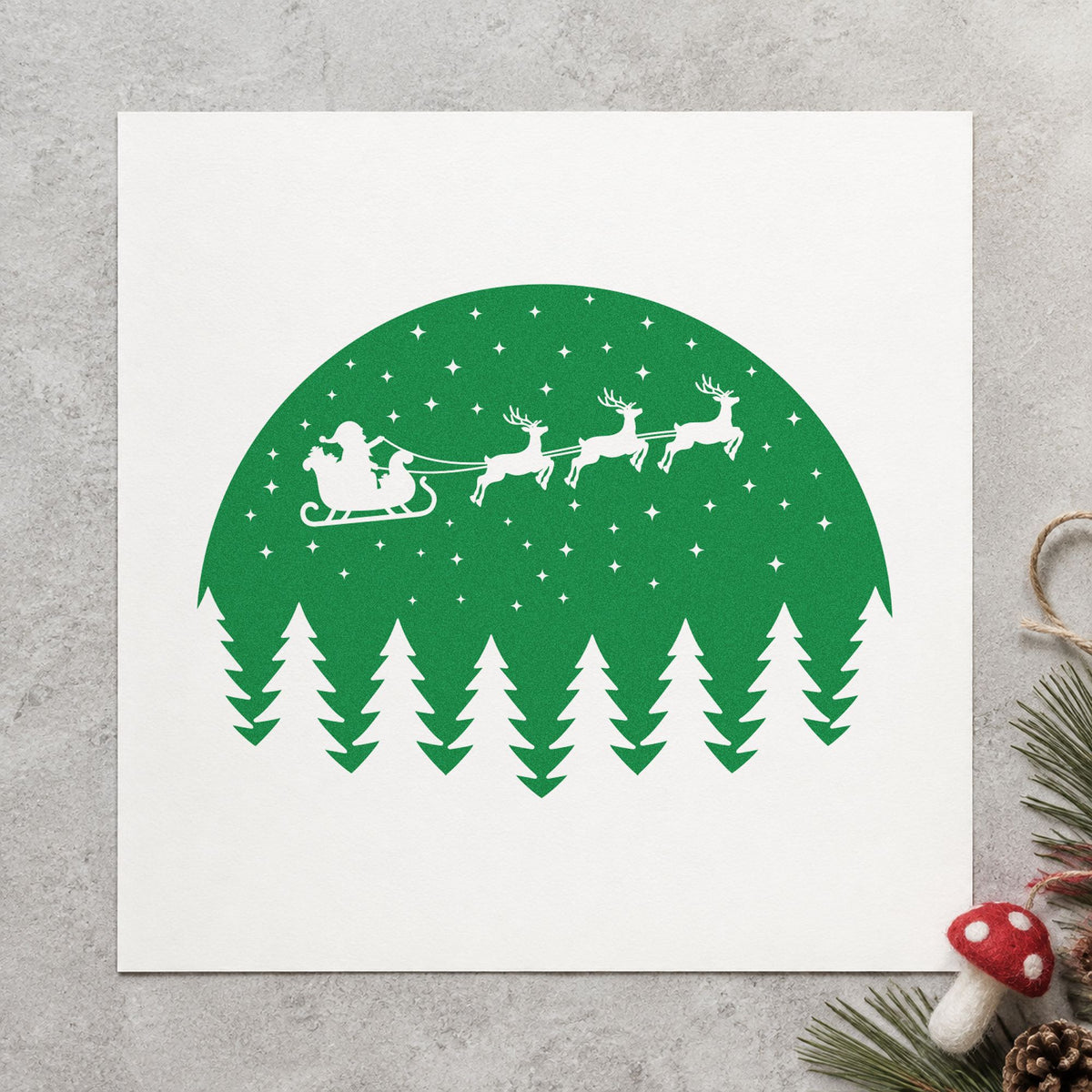 Santa Sleigh Snowy Forest Circle craft stamp imprinted in green ink on paper, a design suited to framed contrast print.