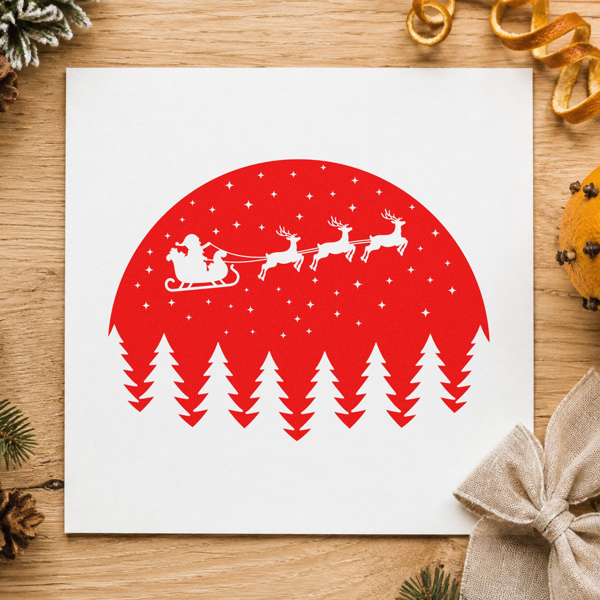 Santa Sleigh Snowy Forest Circle rubber stamp shown in red ink, stamped for projects such as black box labels.