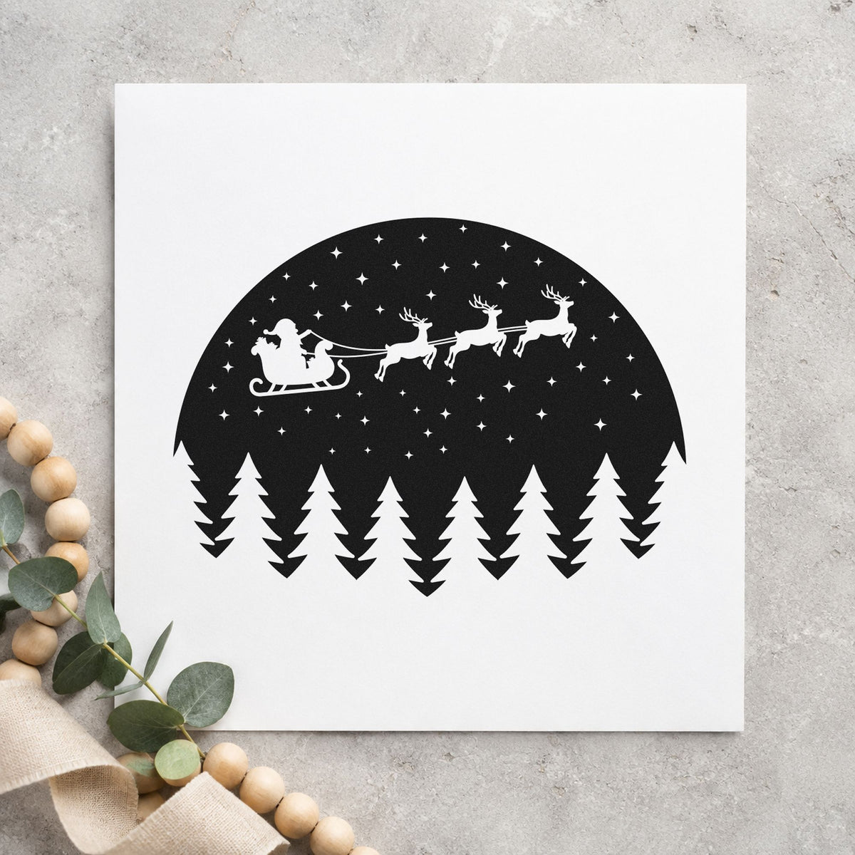 Santa Sleigh Snowy Forest Circle rubber stamp printed in black ink, ready for night sky cards and similar paper crafts.