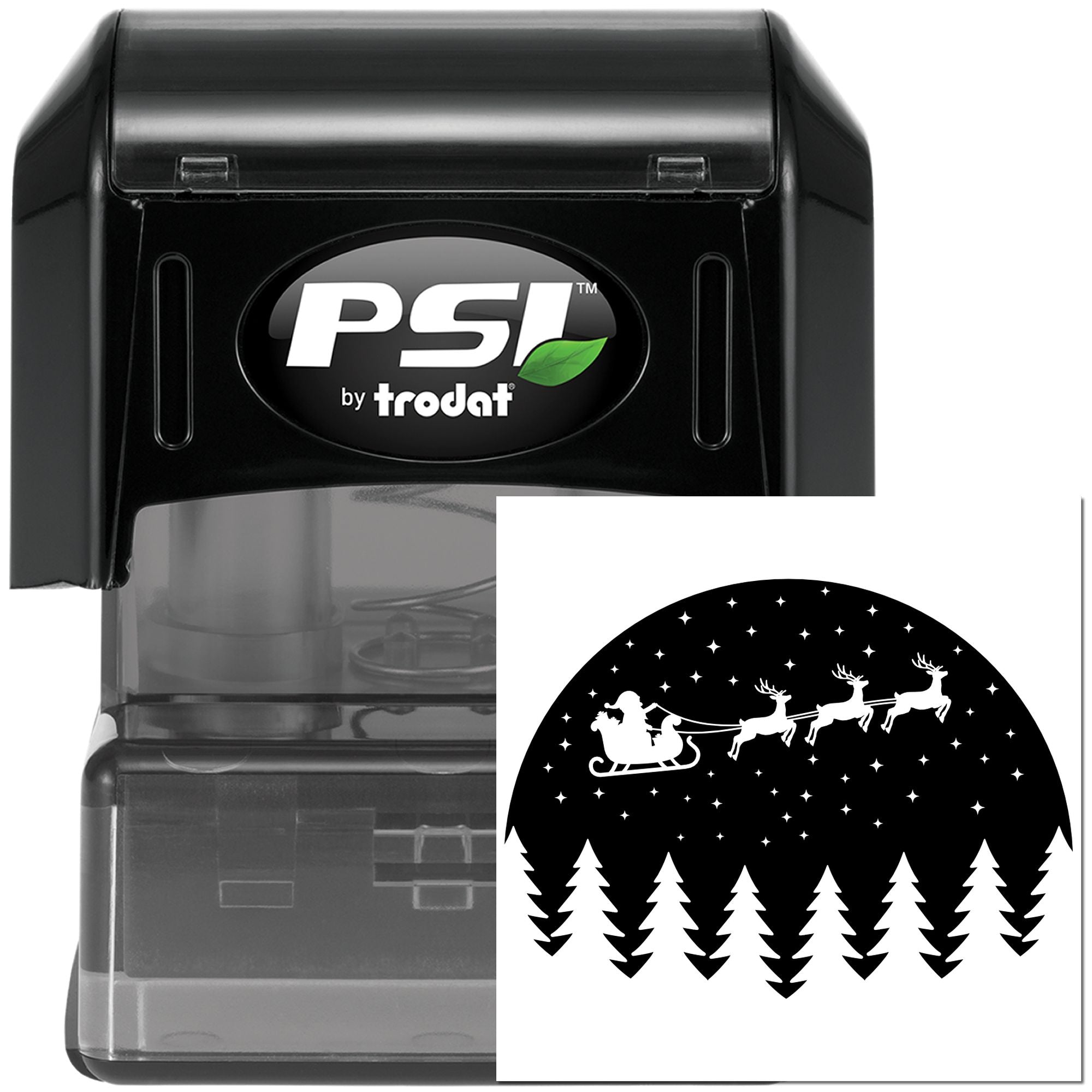 PSI by Trodat self-inking Christmas rubber stamp with Santa sleigh and reindeer design for festive cards and crafts.