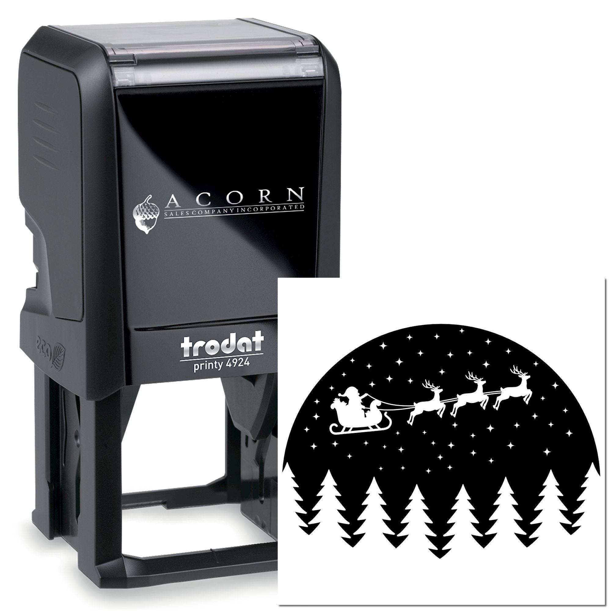 Trodat Printy 4924 self-inking rubber stamp with custom Santa sleigh and reindeer holiday imprint design for seasonal branding