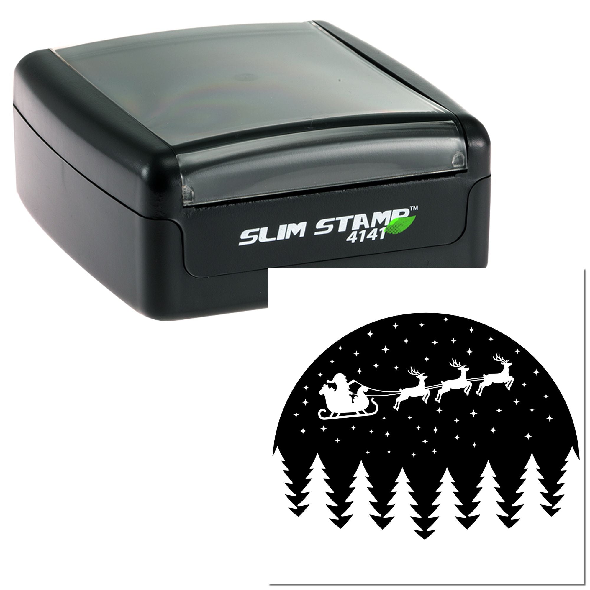 Slim Stamp 4141 self-inking rubber stamp with Santa sleigh and reindeer design for holiday cards and packaging.