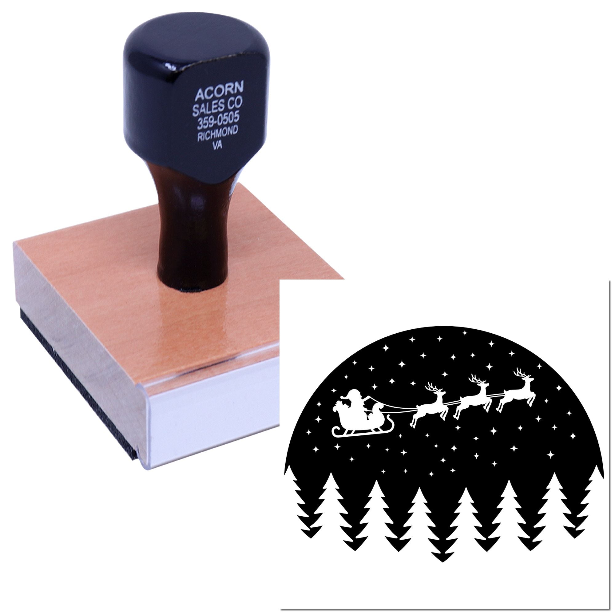 Custom rubber stamp with Santa sleigh and reindeer holiday design for Christmas cards, crafts, and business branding.