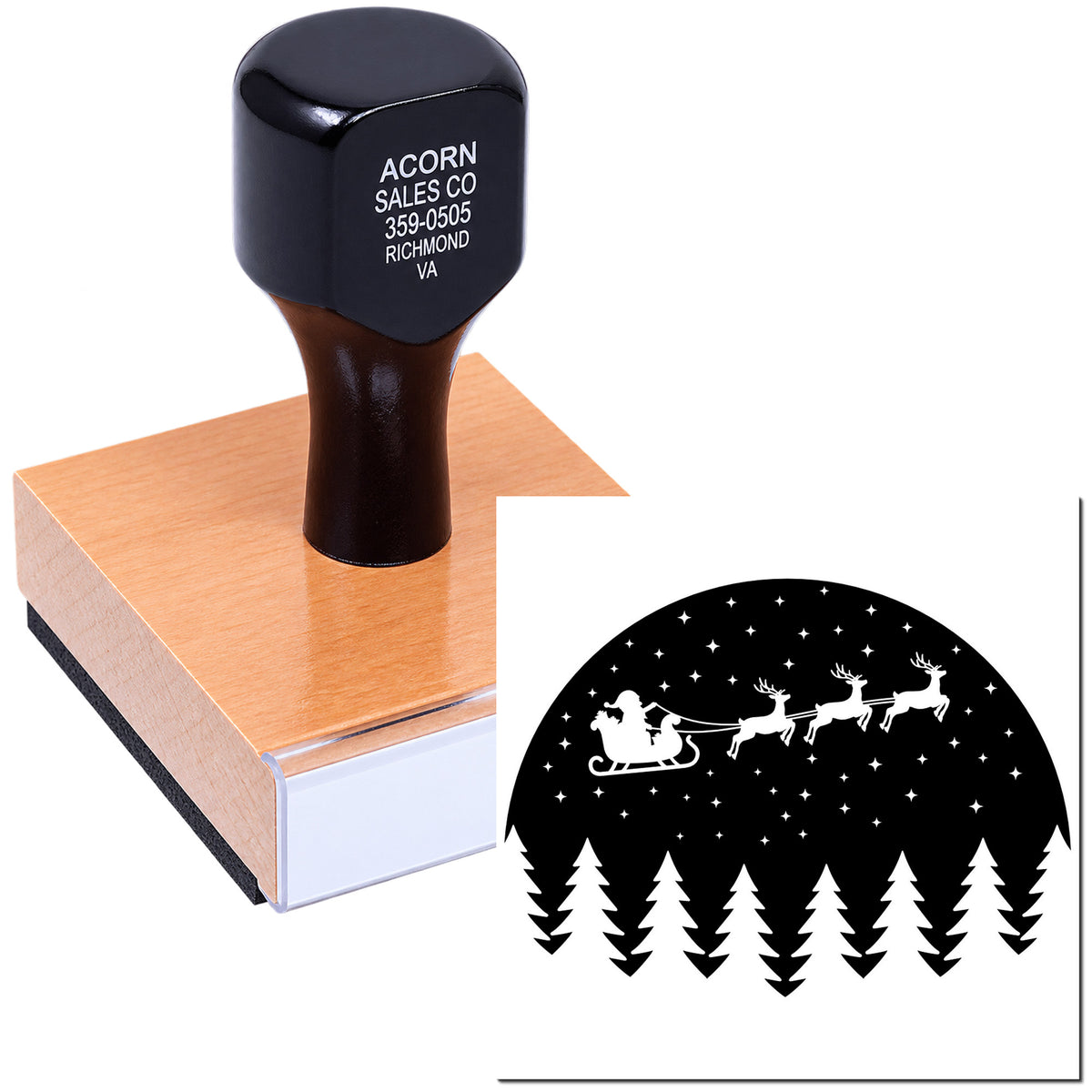 Custom rubber stamp with Santa sleigh and reindeer holiday design for Christmas cards, crafts, and business branding.