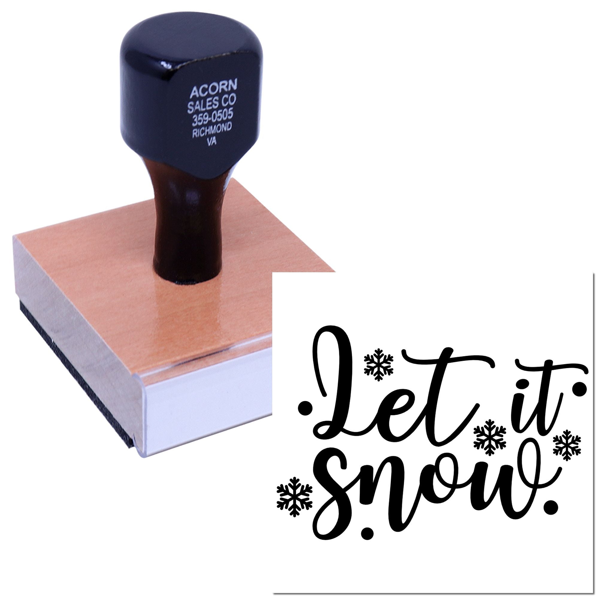 Holiday rubber stamp with Let it Snow design and snowflakes for seasonal cards, gift wrap, and craft projects.
