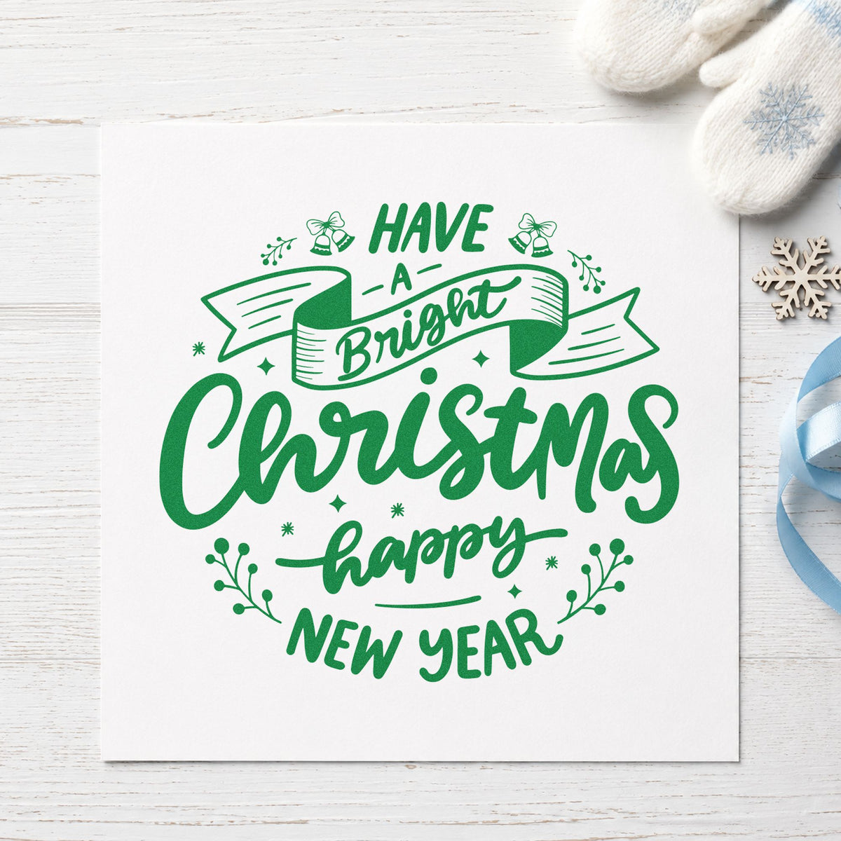 Bright Christmas Happy New Year craft stamp imprint in green ink on a handmade project, one idea being vendor gift tags.