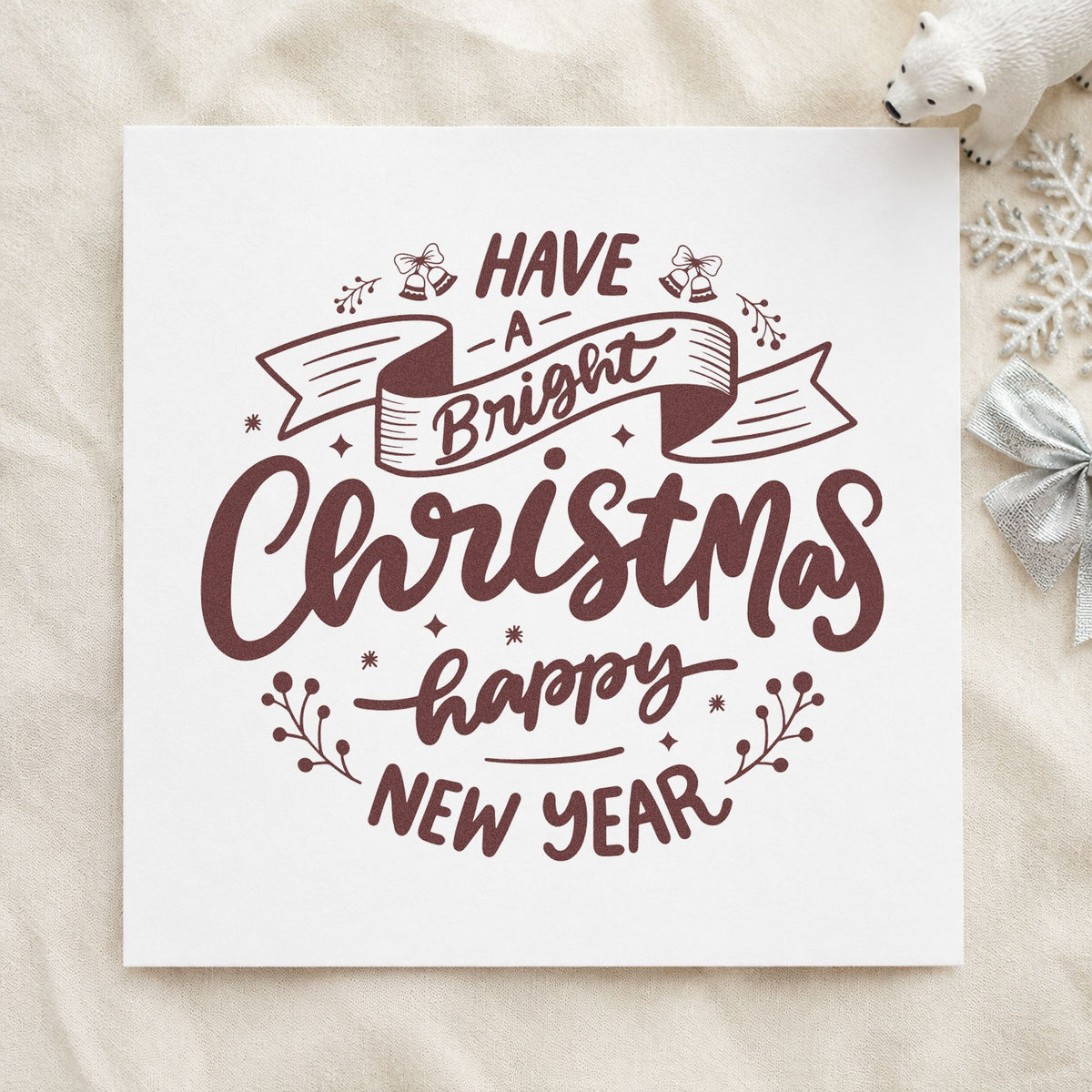 Bright Christmas Happy New Year rubber stamp printed in brown ink, ready for client mailing sheet and similar paper crafts.