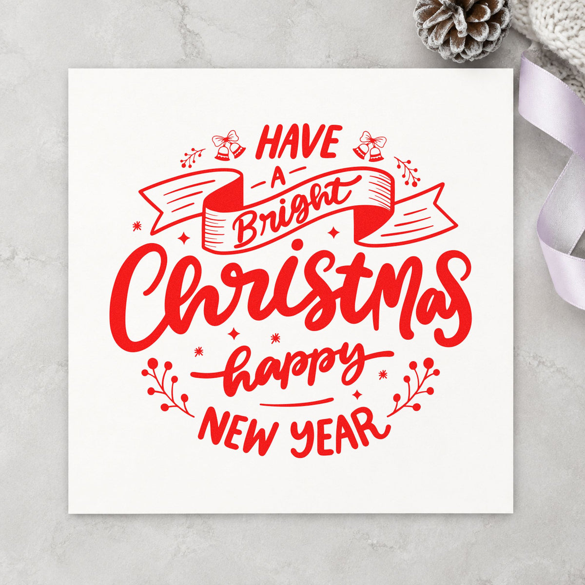 Bright Christmas Happy New Year craft stamp in red ink on cardstock, an easy option for tote gift printing.
