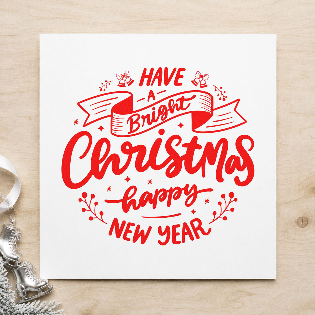 Bright Christmas Happy New Year rubber stamp shown in red ink, stamped for projects such as report packet seals.