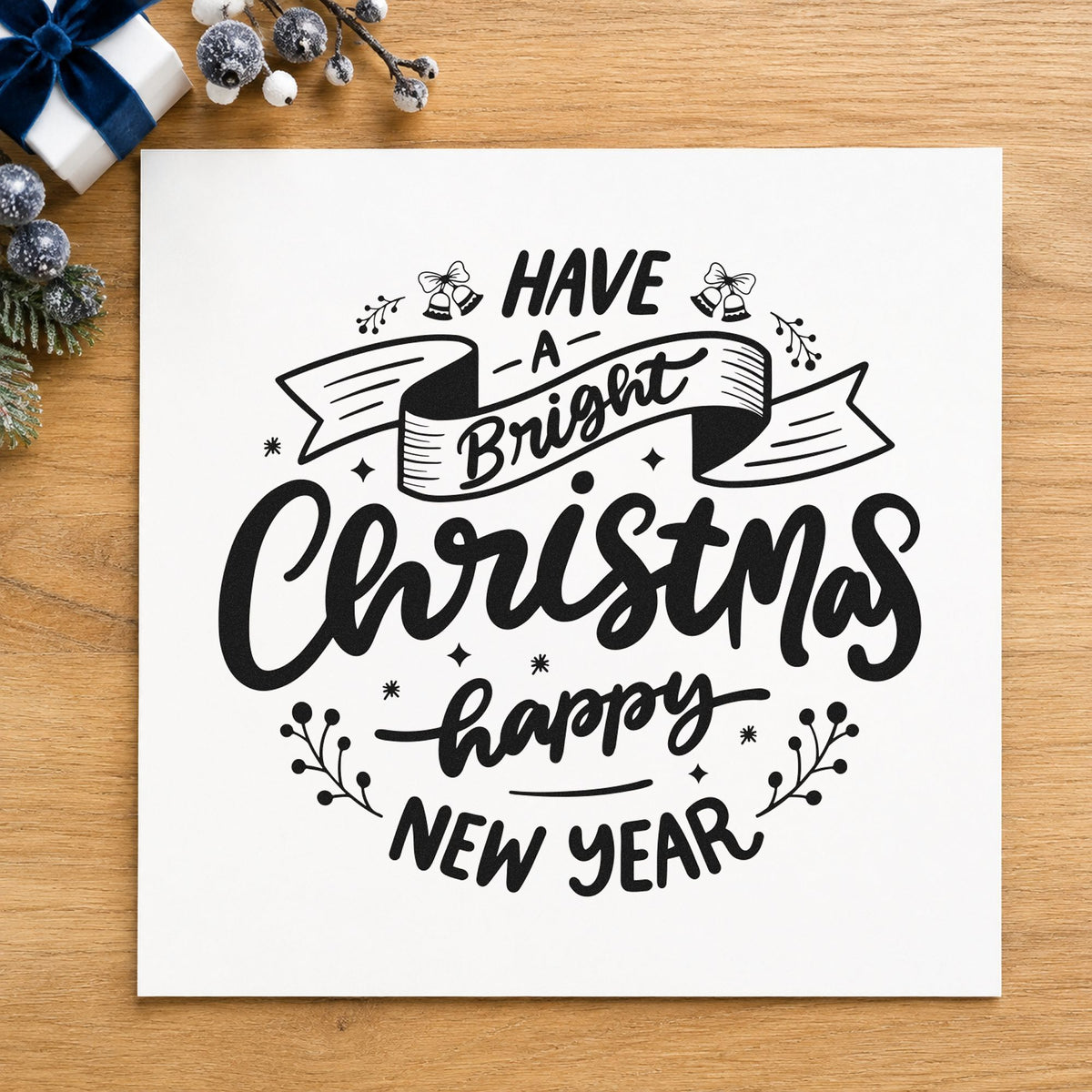 Bright Christmas Happy New Year rubber stamp printed in black ink, ready for bright year cards and similar paper crafts.