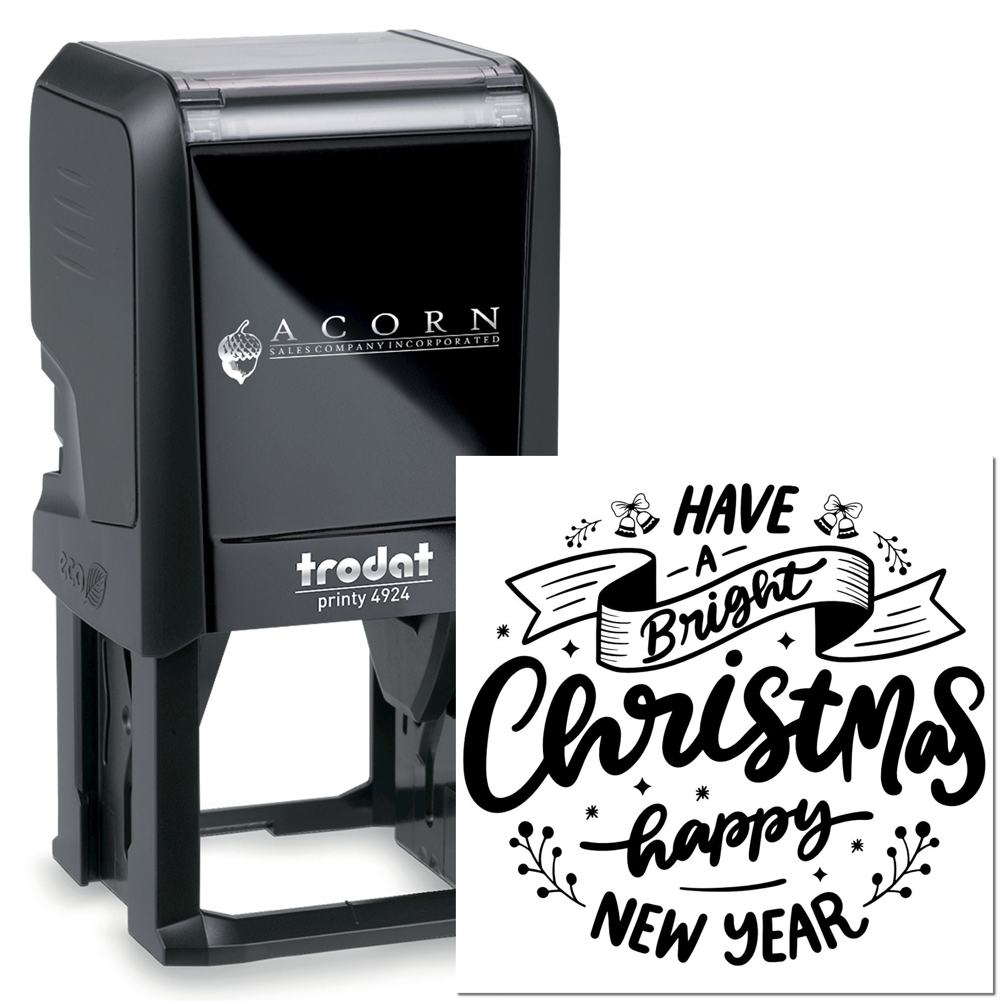 Trodat self-inking rubber stamp with Have a Bright Christmas, Happy New Year holiday message for custom stamping.