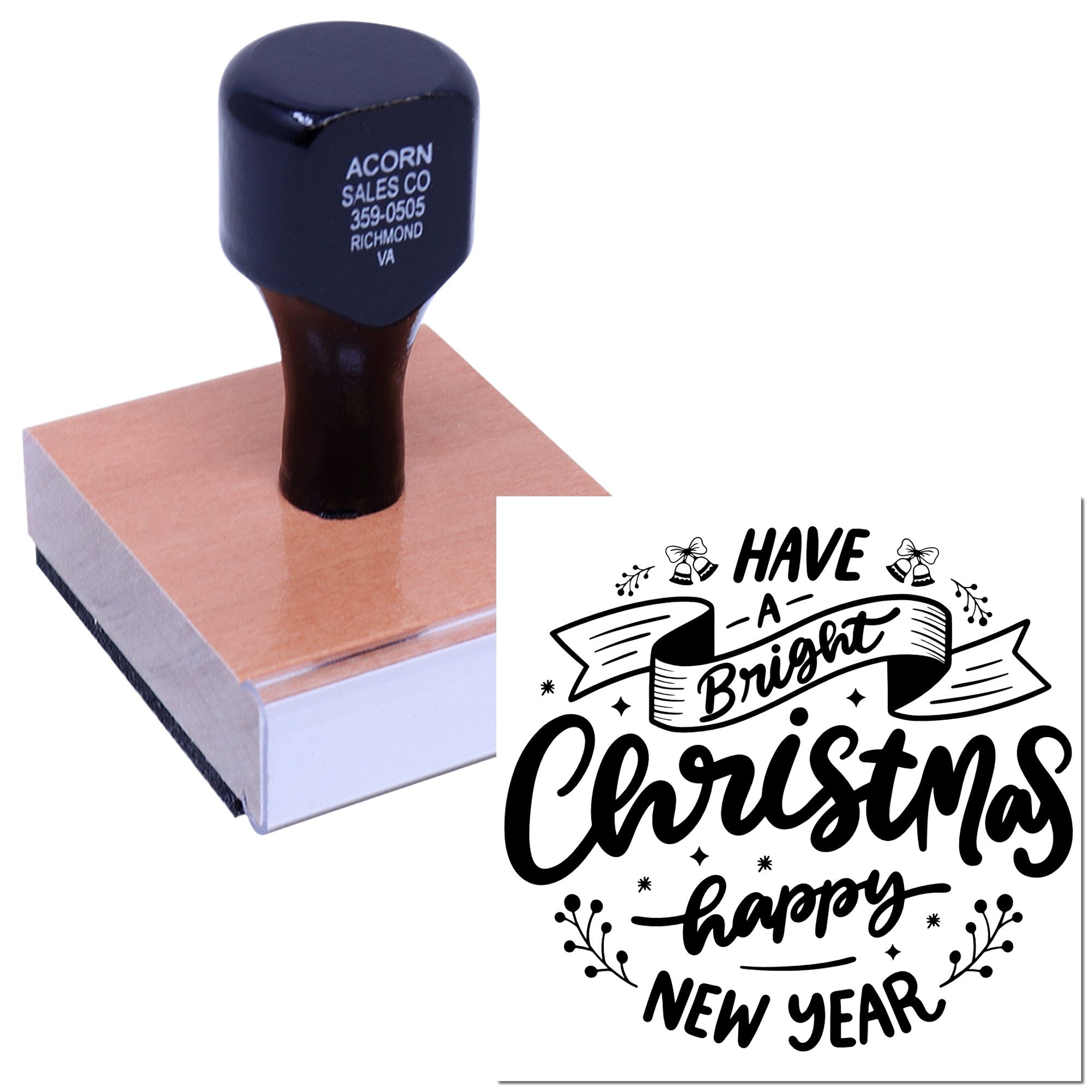 Custom holiday rubber stamp with Have a Bright Christmas, Happy New Year design for festive cards and packaging.
