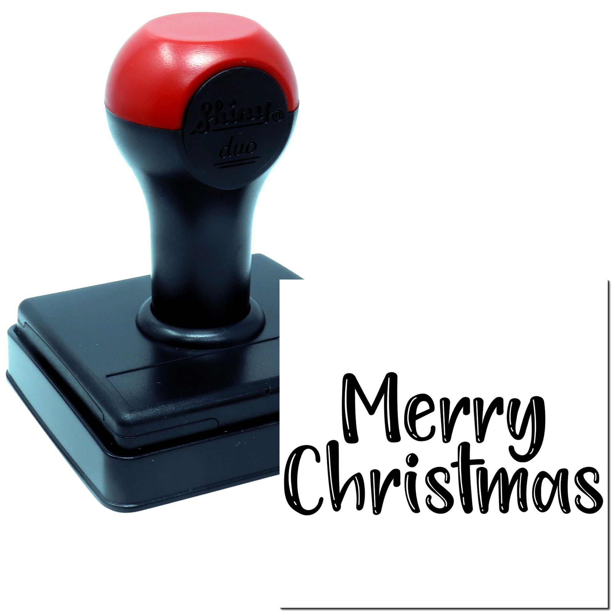 Self-inking Merry Christmas rubber stamp for holiday cards, crafts, and gift packaging.