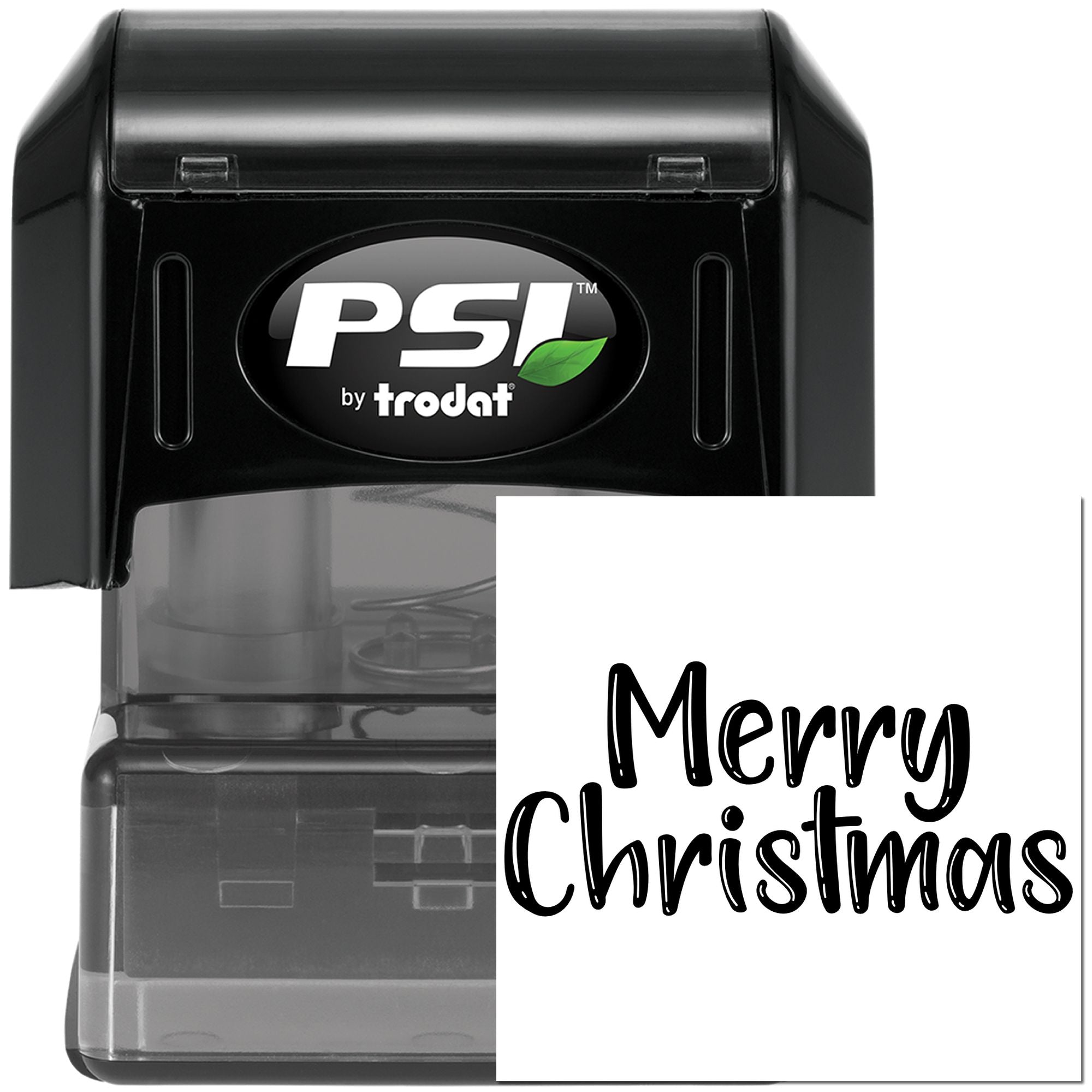 PSI by Trodat self-inking rubber stamp with Merry Christmas design for holiday cards, packaging, and festive office use.