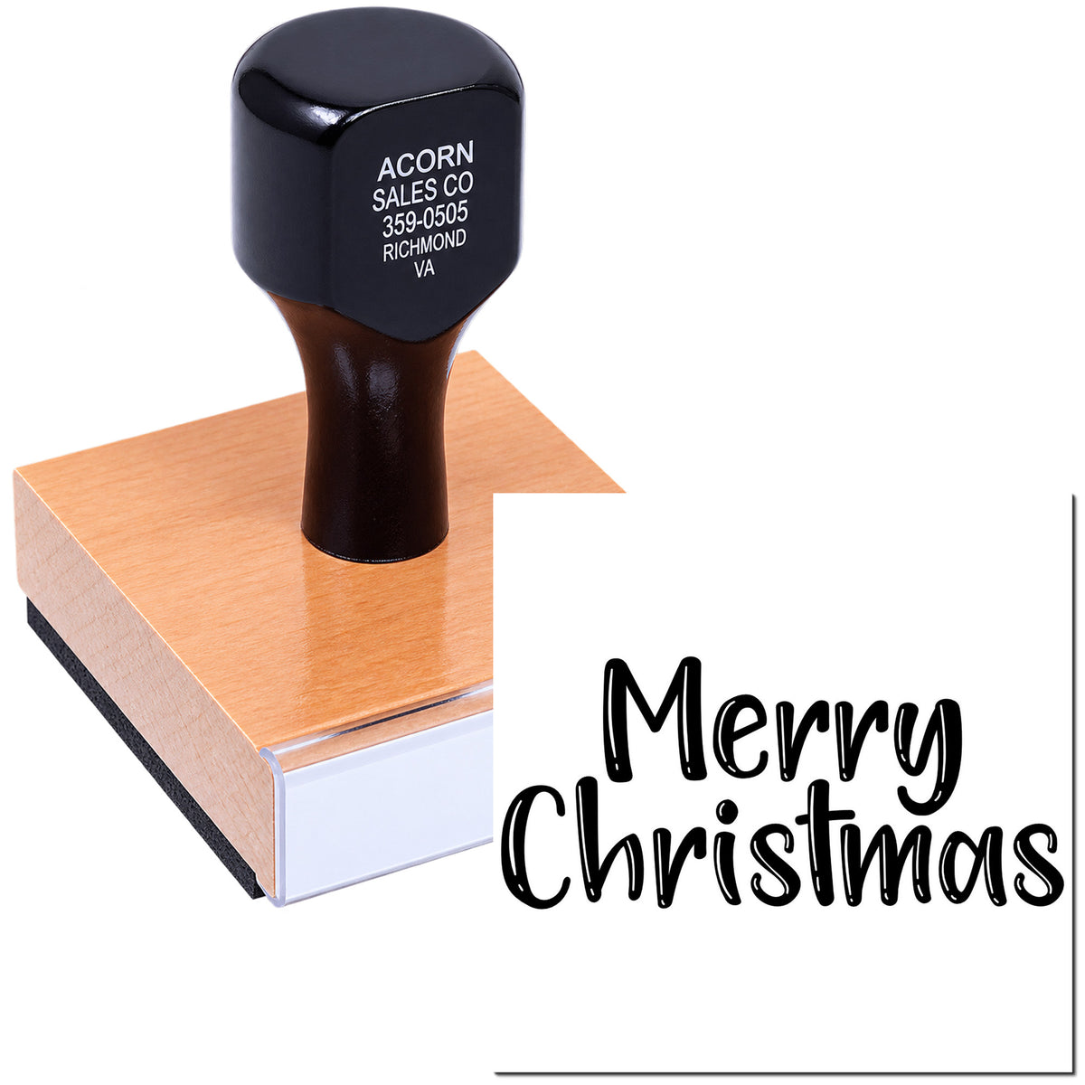Custom Merry Christmas rubber stamp for holiday cards, crafts, and seasonal packaging, shown with stamp impression.