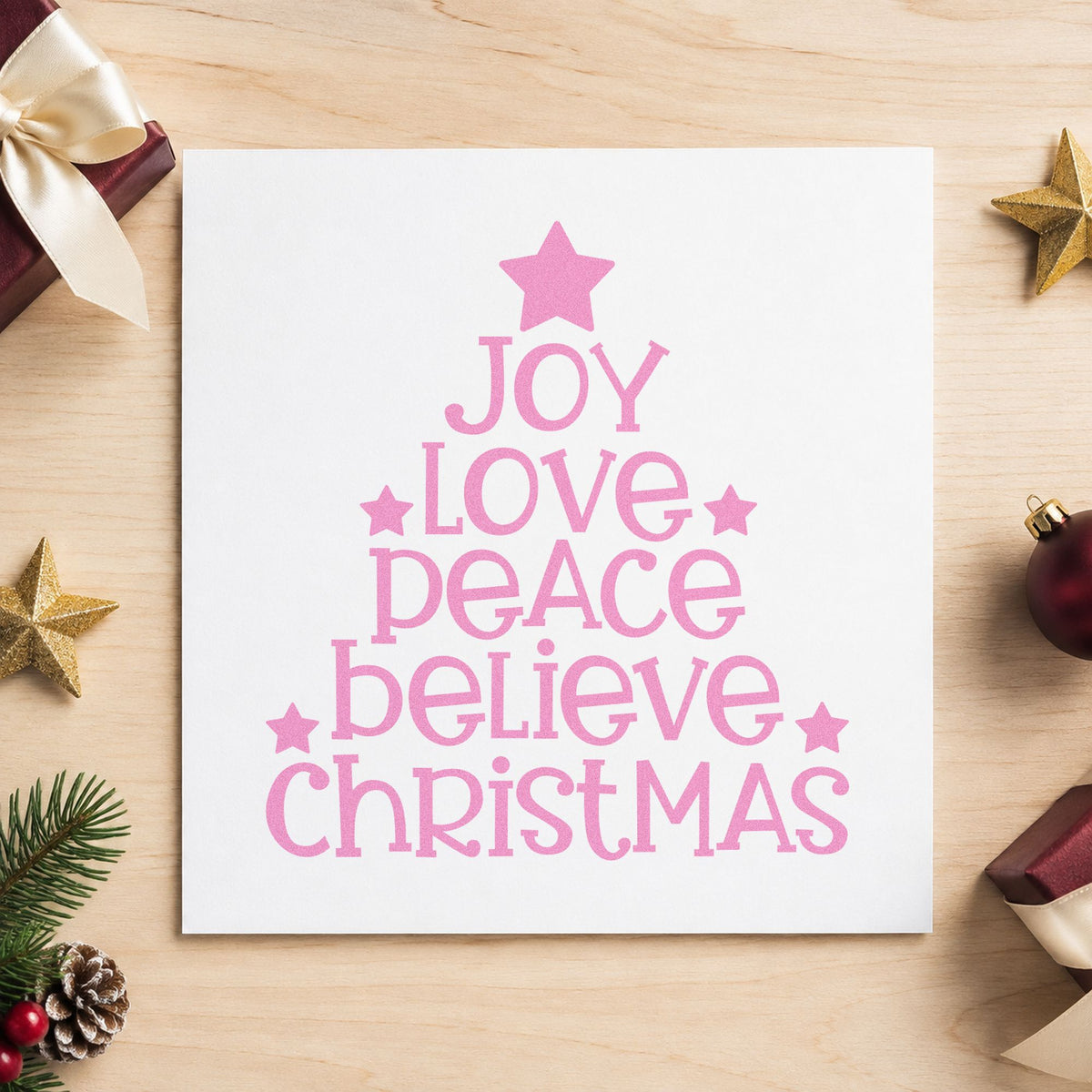 Joy Love Peace Christmas Tree craft stamp in purple ink on cardstock, an easy option for values album page.